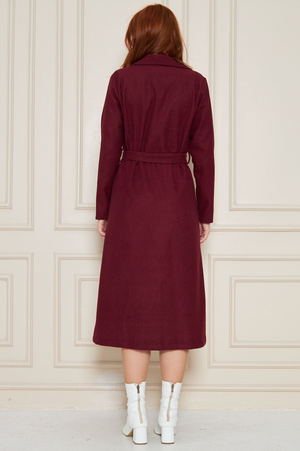 Kadın Astarsız Kuşak Basic Bol Bordo Uzun Kaşe Kaban