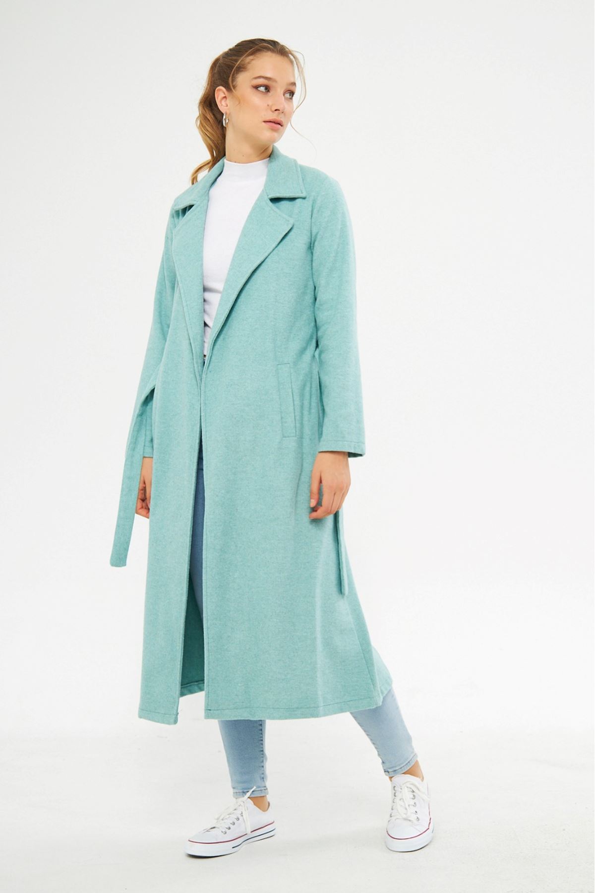 Kadın Astarsız Kuşak Basic Bol Mint Uzun Kaşe Kaban