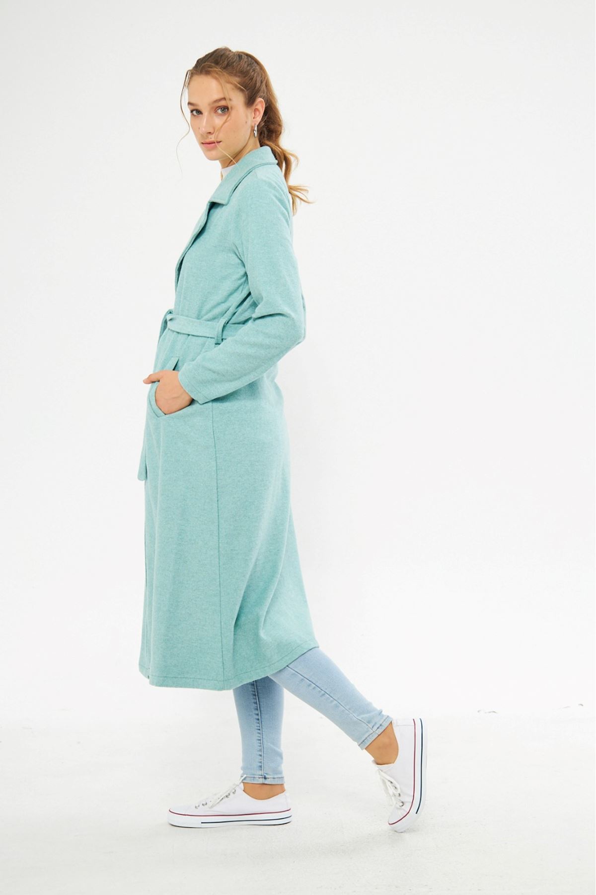 Kadın Astarsız Kuşak Basic Bol Mint Uzun Kaşe Kaban