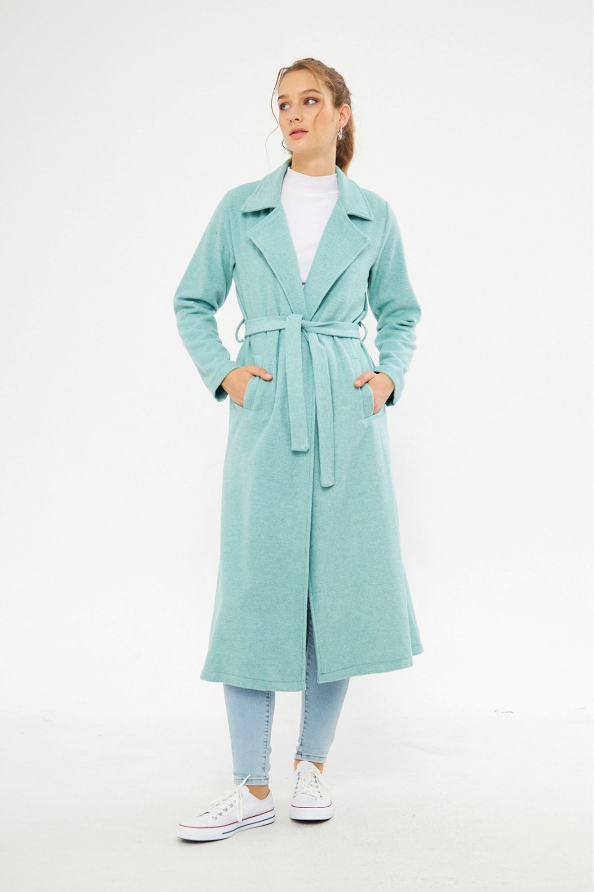 Kadın Astarsız Kuşak Basic Bol Mint Uzun Kaşe Kaban