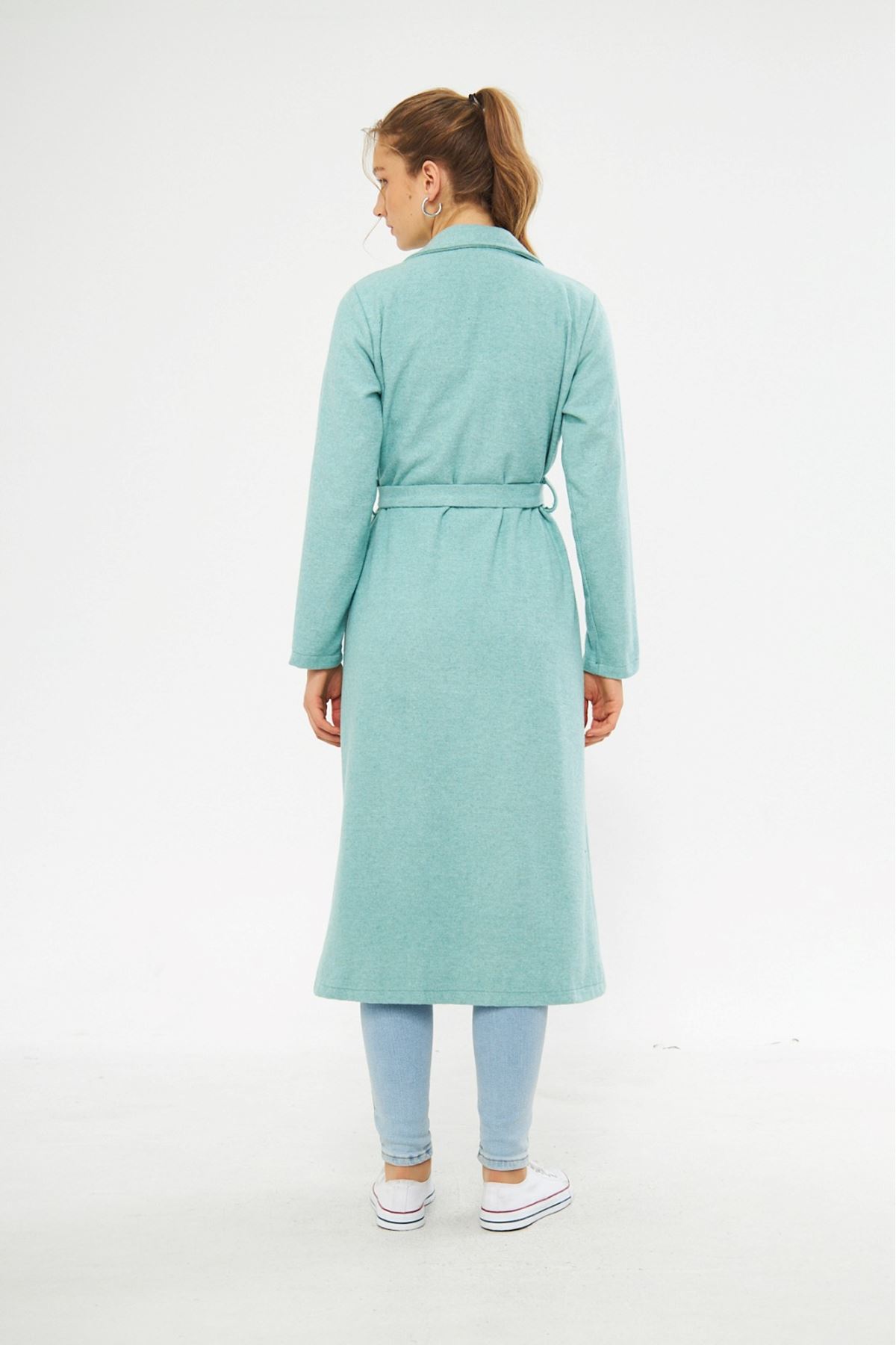 Kadın Astarsız Kuşak Basic Bol Mint Uzun Kaşe Kaban