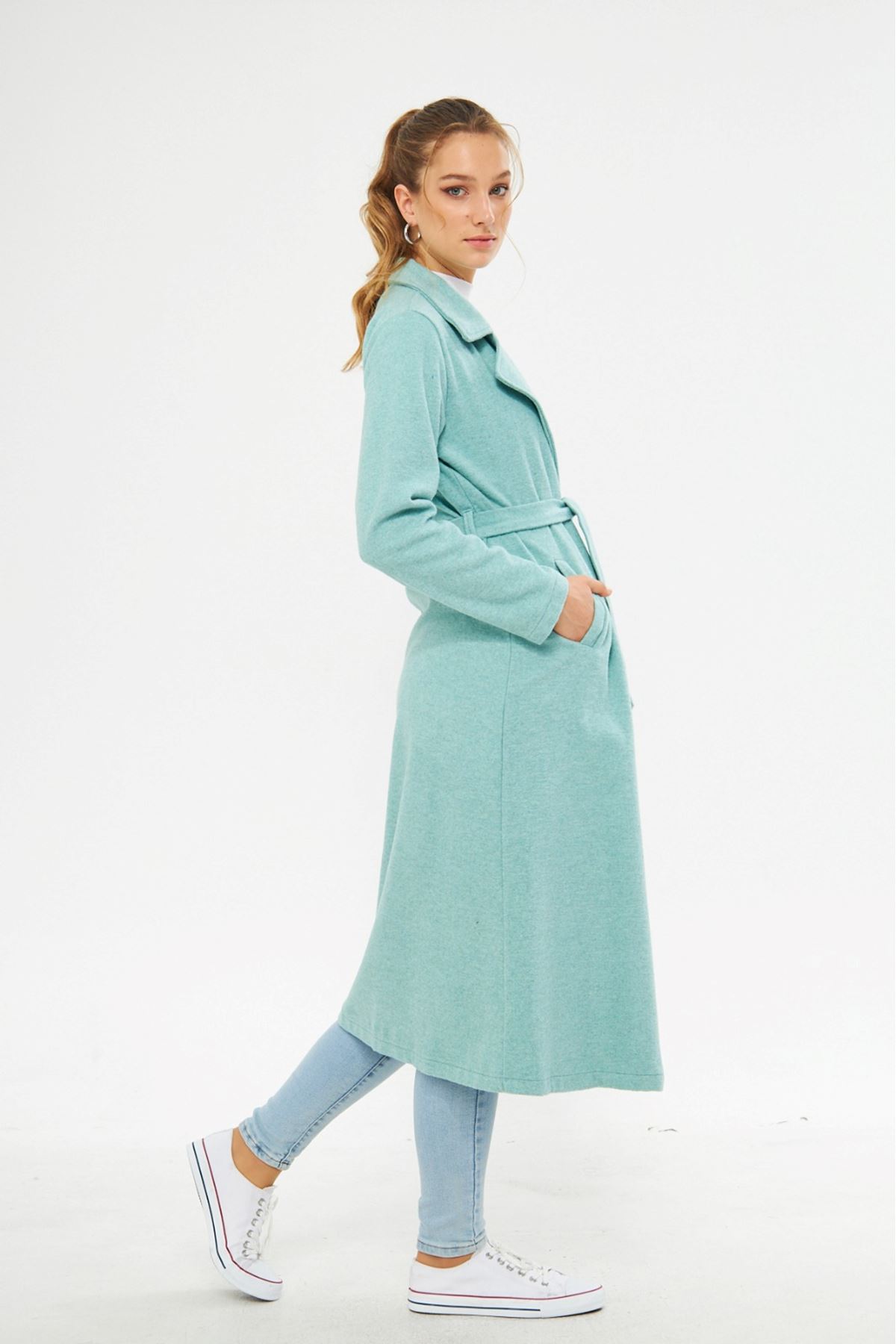 Kadın Astarsız Kuşak Basic Bol Mint Uzun Kaşe Kaban