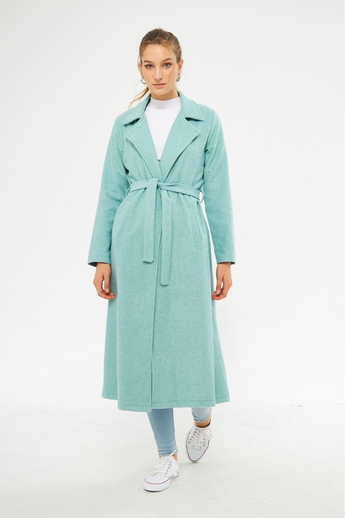 Kadın Astarsız Kuşak Basic Bol Mint Uzun Kaşe Kaban