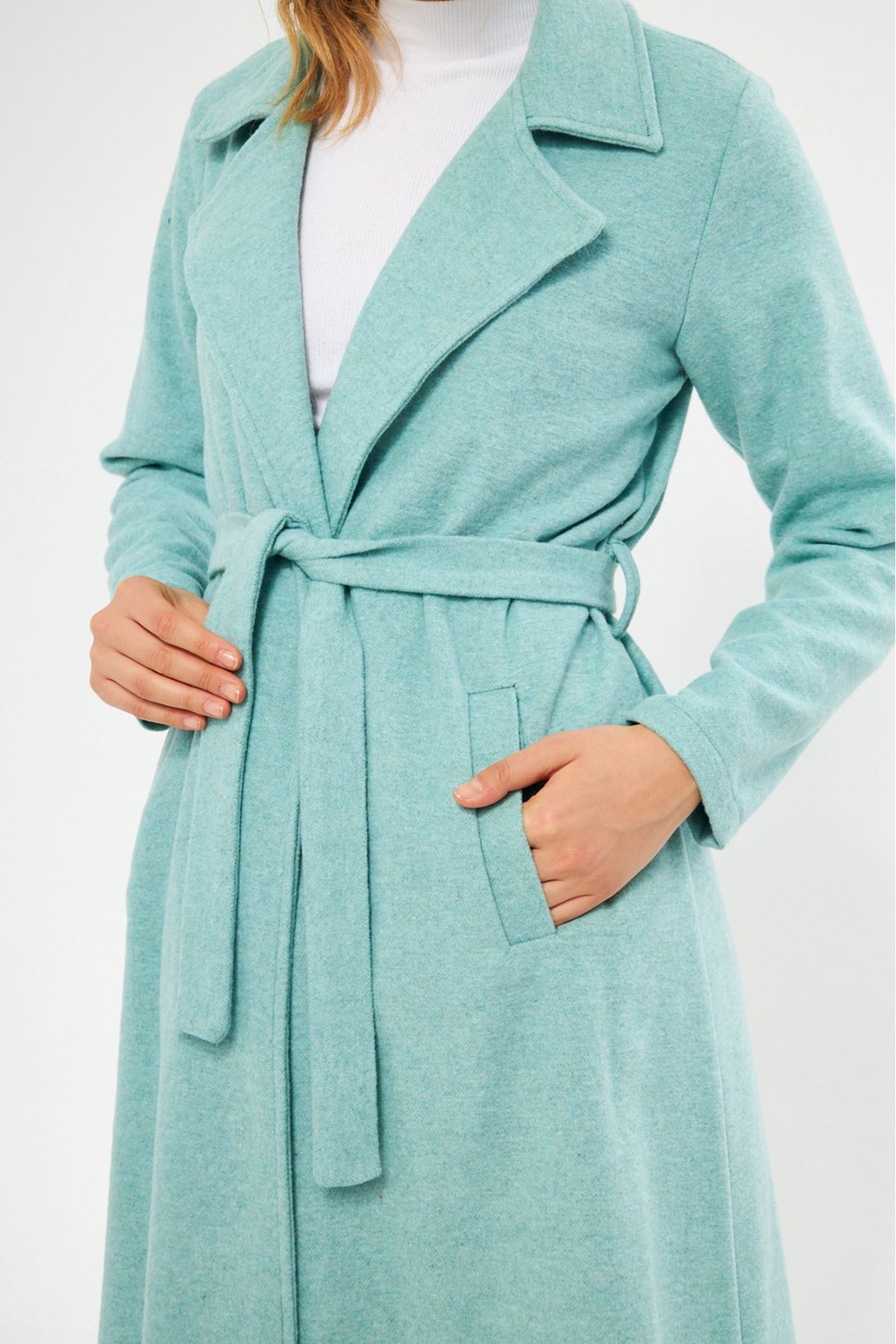 Kadın Astarsız Kuşak Basic Bol Mint Uzun Kaşe Kaban