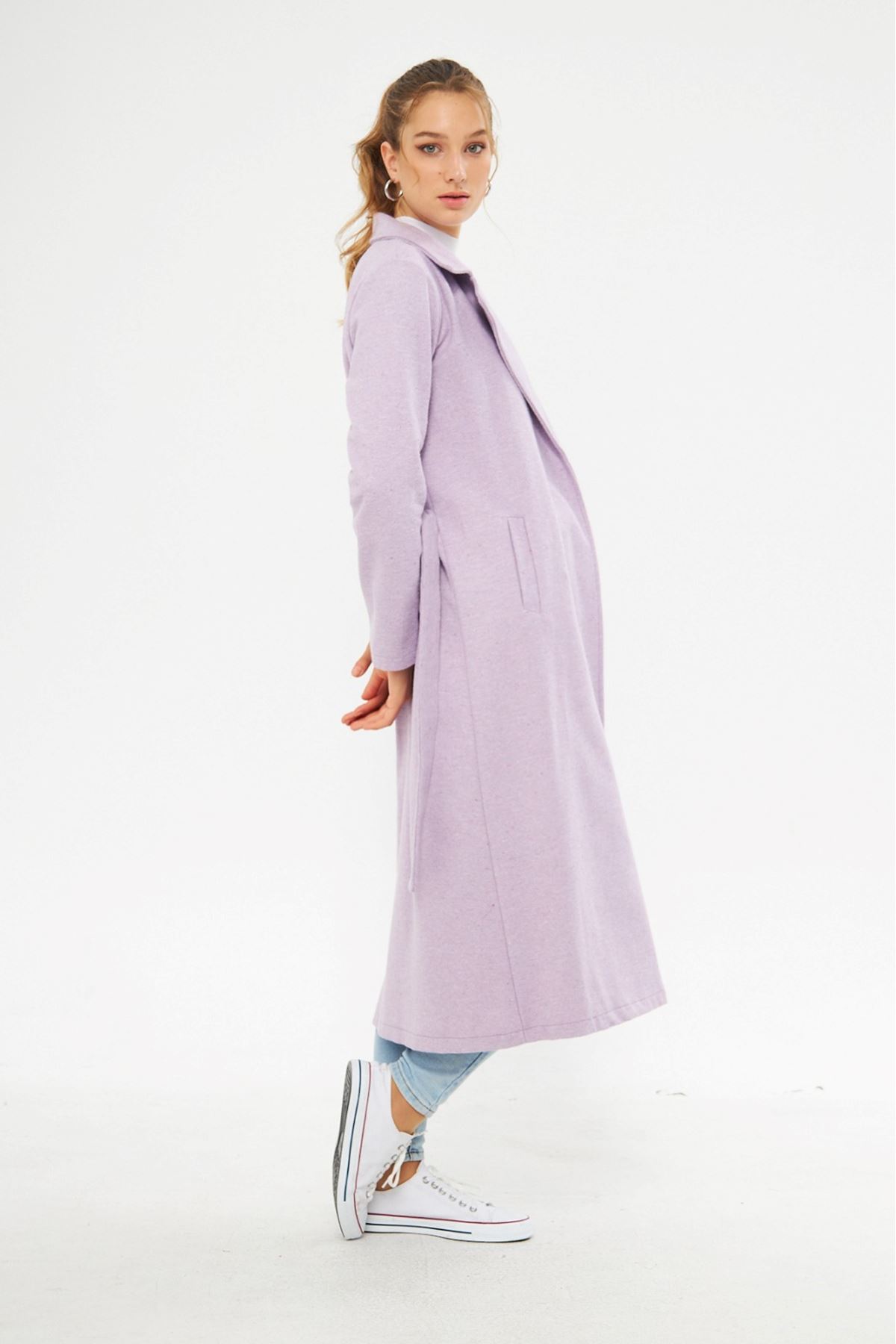 Kadın Astarsız Kuşak Basic Bol Lila Uzun Kaşe Kaban