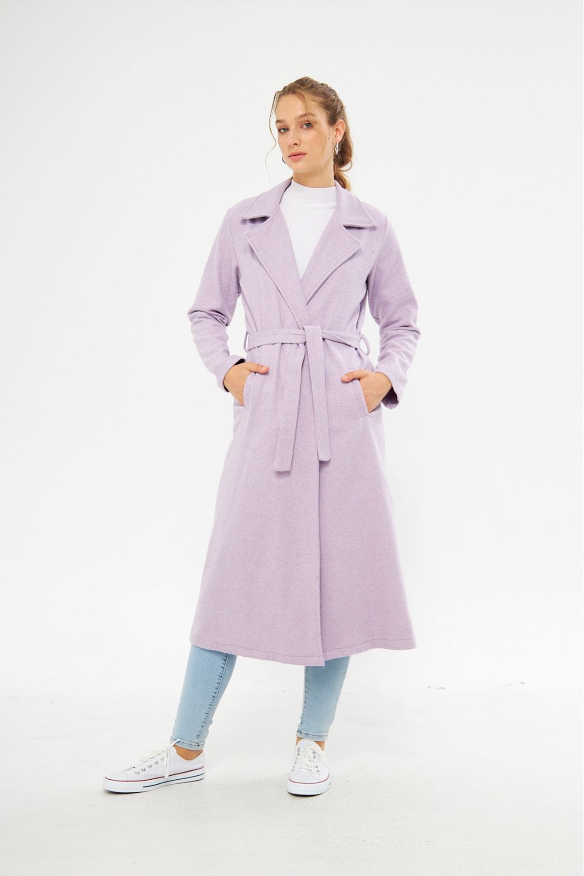 Kadın Astarsız Kuşak Basic Bol Lila Uzun Kaşe Kaban