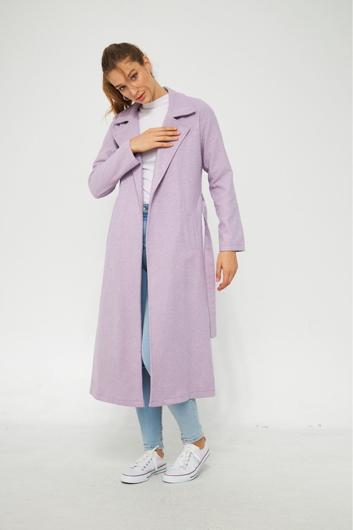 Kadın Astarsız Kuşak Basic Bol Lila Uzun Kaşe Kaban