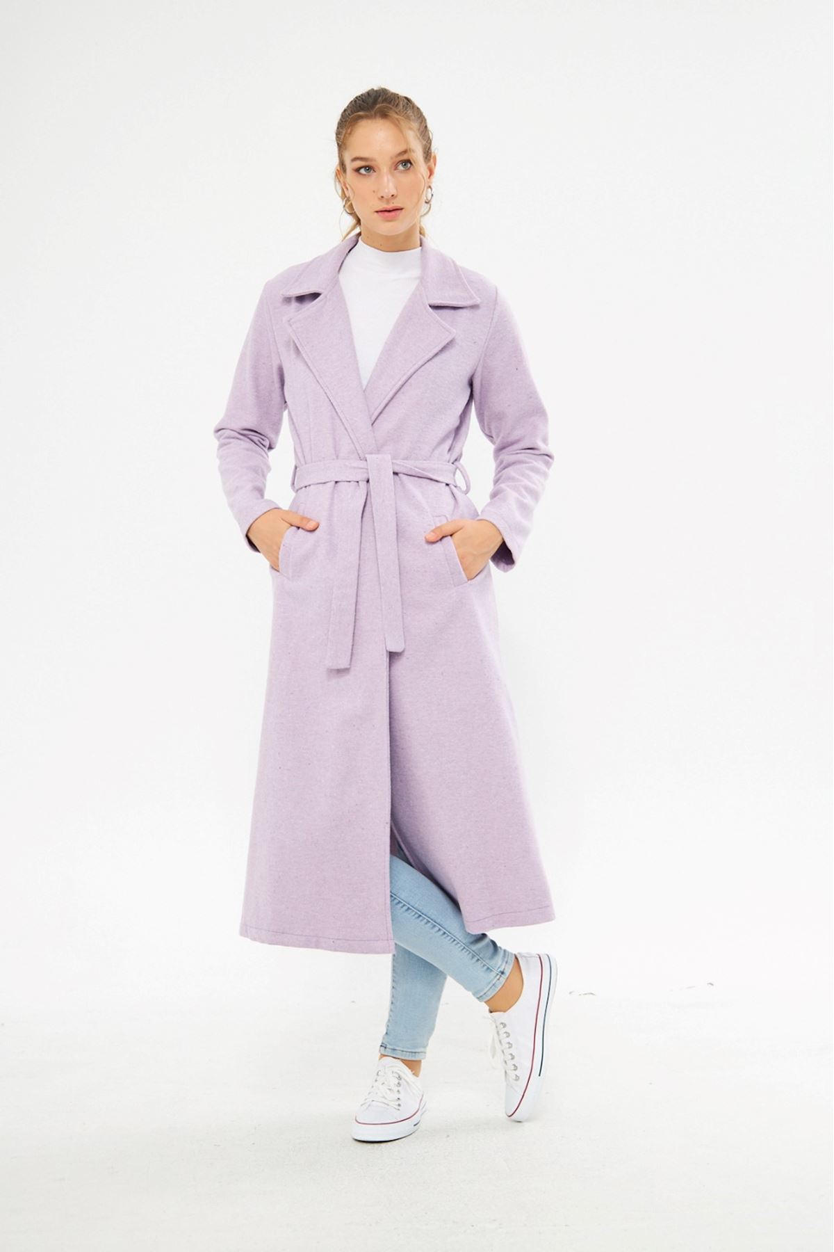 Kadın Astarsız Kuşak Basic Bol Lila Uzun Kaşe Kaban