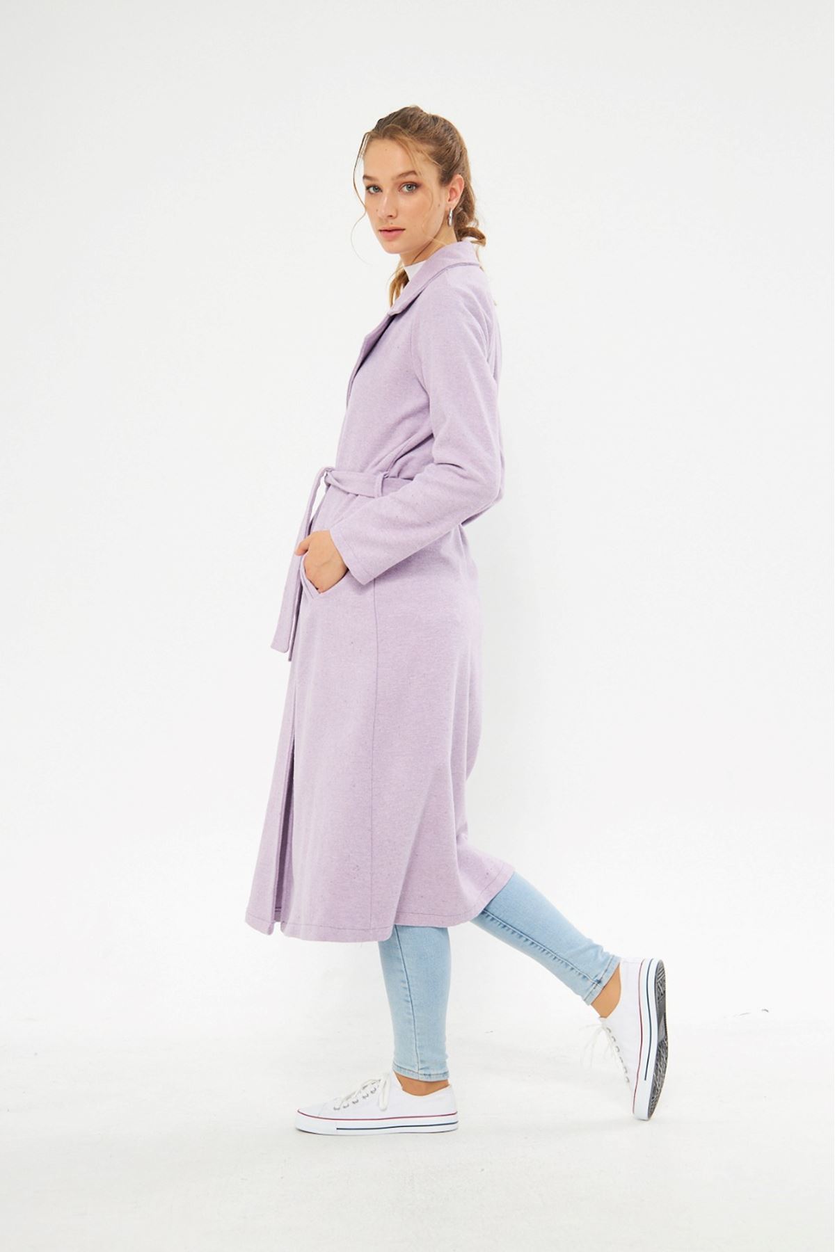 Kadın Astarsız Kuşak Basic Bol Lila Uzun Kaşe Kaban