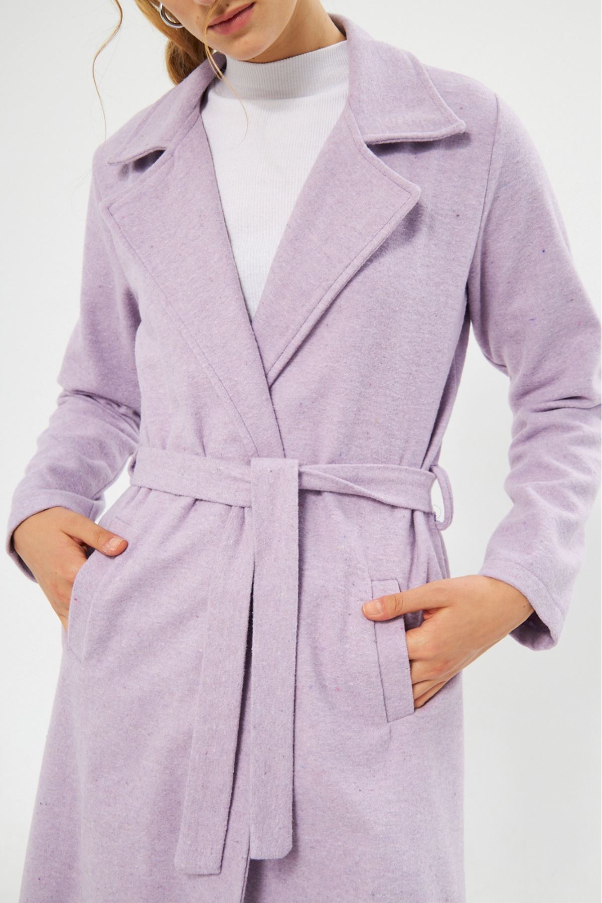 Kadın Astarsız Kuşak Basic Bol Lila Uzun Kaşe Kaban