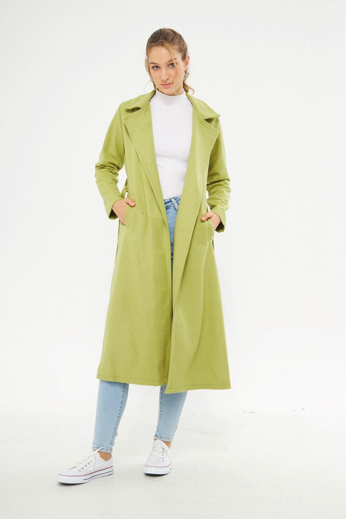 Kadın Astarsız Kuşak Basic Bol A.Yeşil Uzun Kaşe Kaban