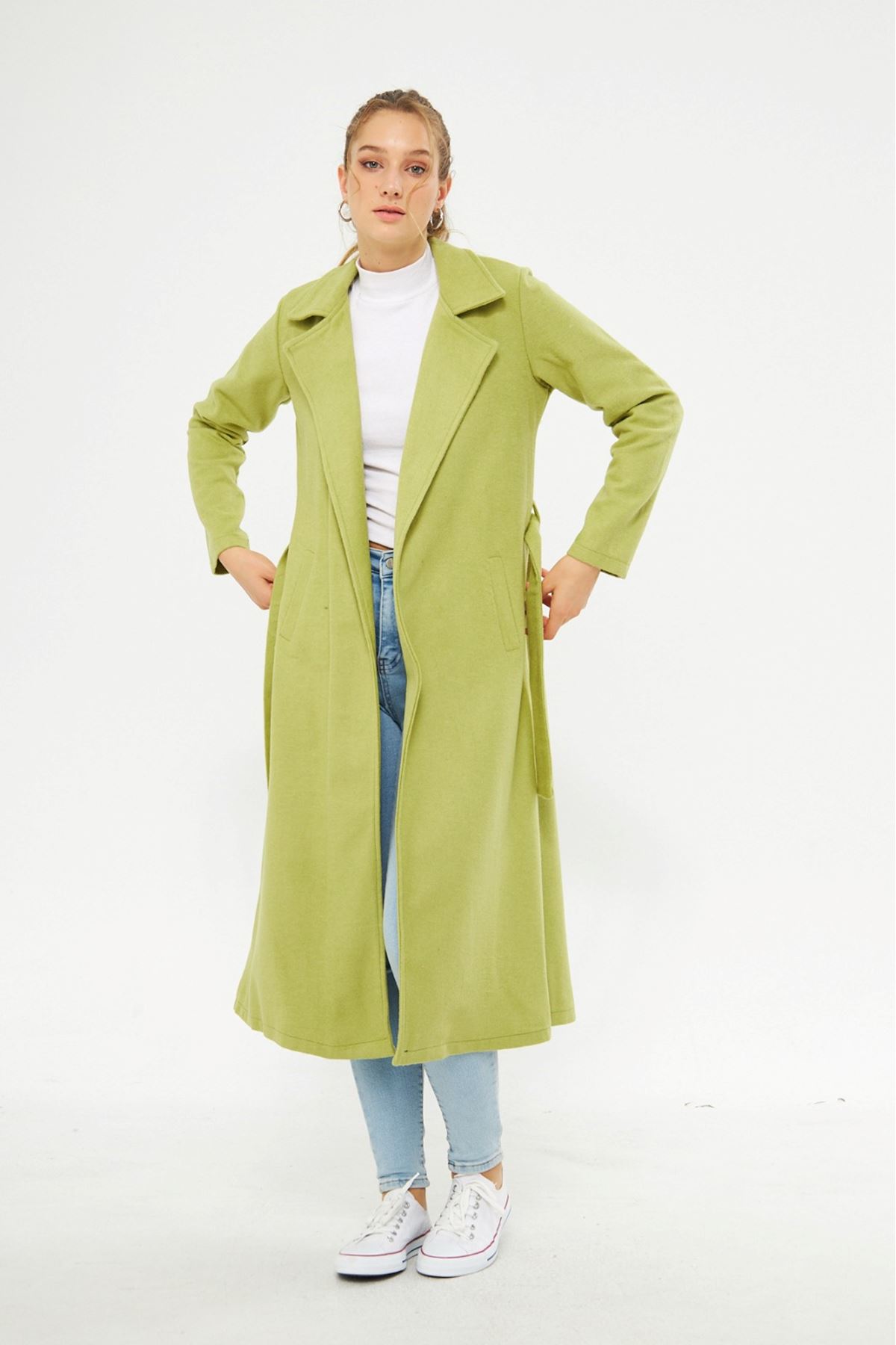 Kadın Astarsız Kuşak Basic Bol A.Yeşil Uzun Kaşe Kaban