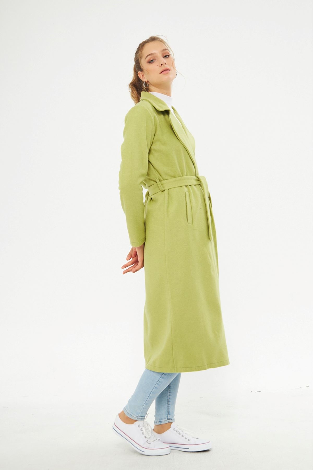 Kadın Astarsız Kuşak Basic Bol A.Yeşil Uzun Kaşe Kaban