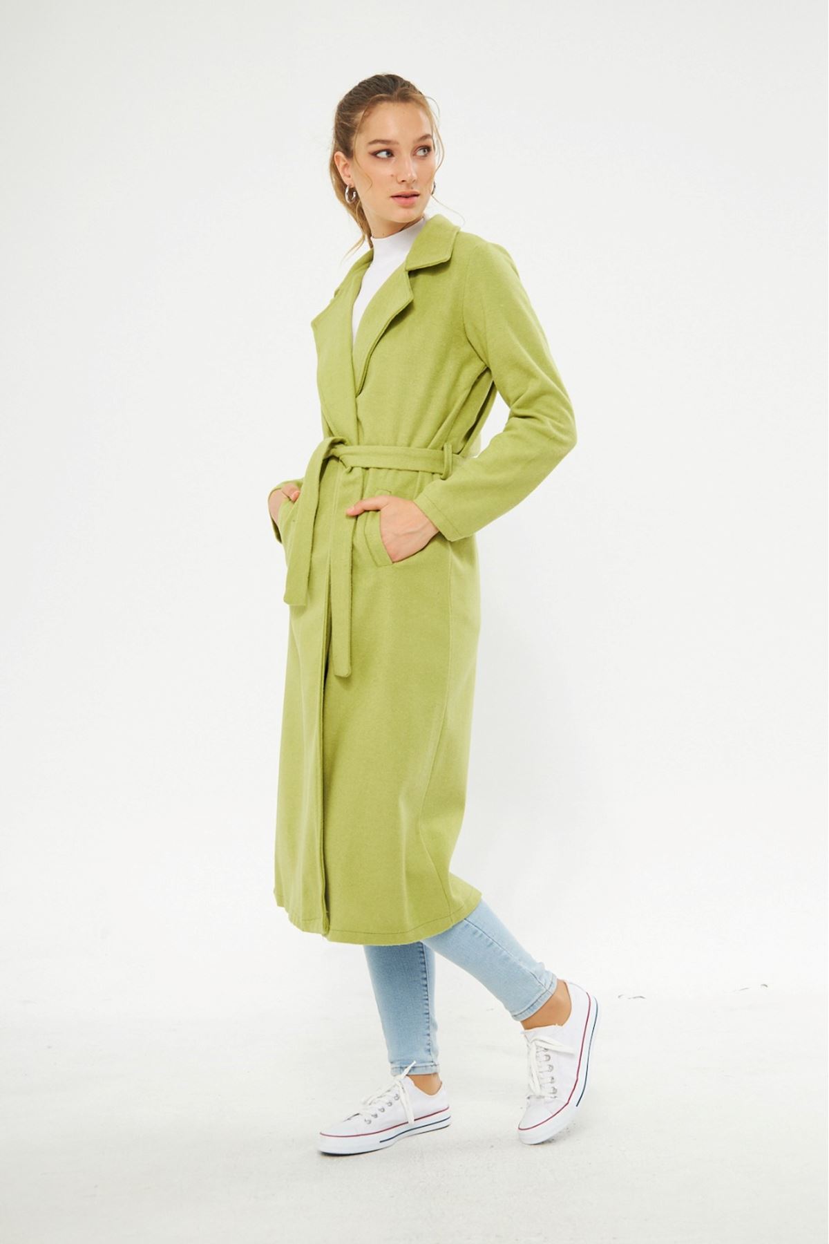 Kadın Astarsız Kuşak Basic Bol A.Yeşil Uzun Kaşe Kaban