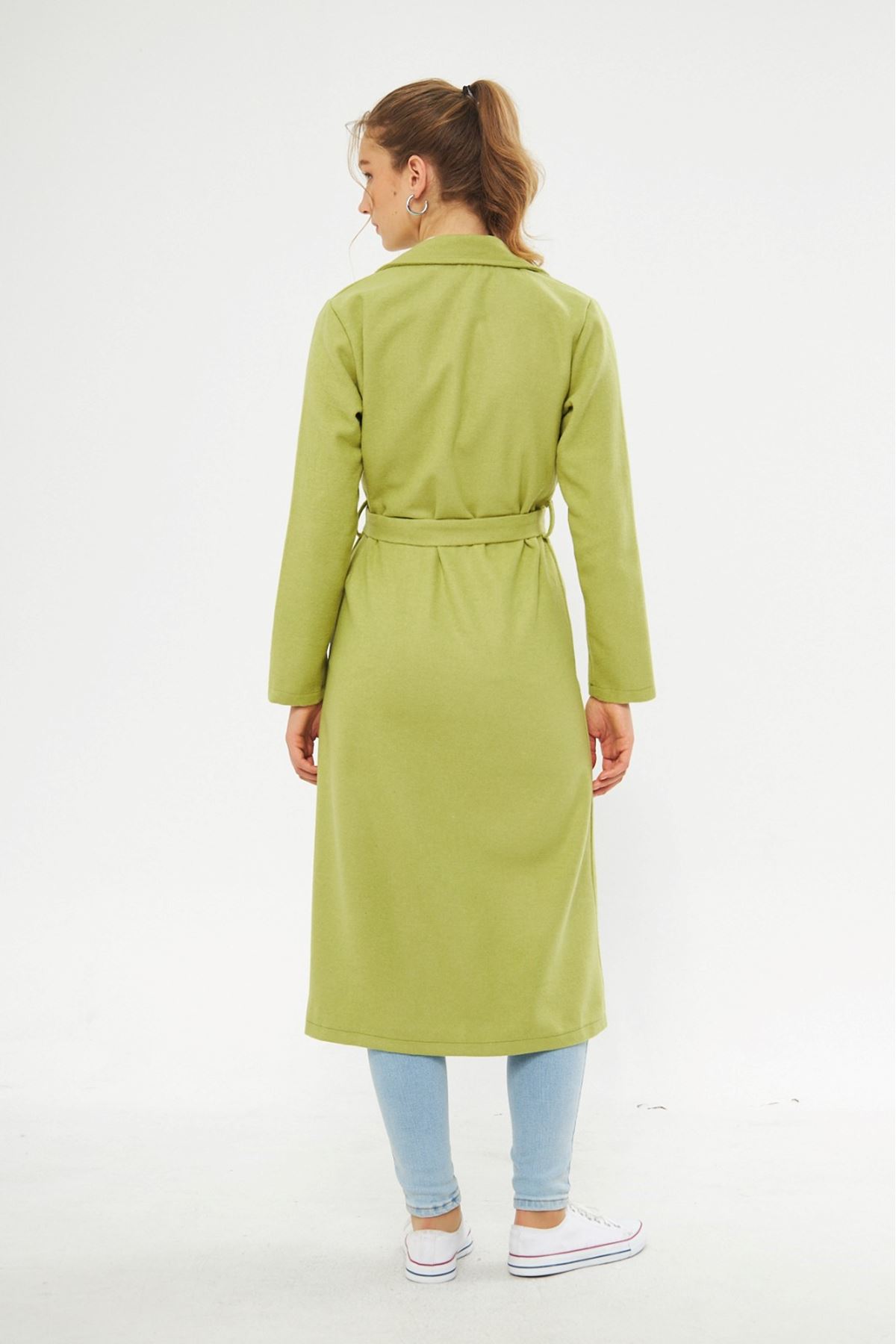 Kadın Astarsız Kuşak Basic Bol A.Yeşil Uzun Kaşe Kaban