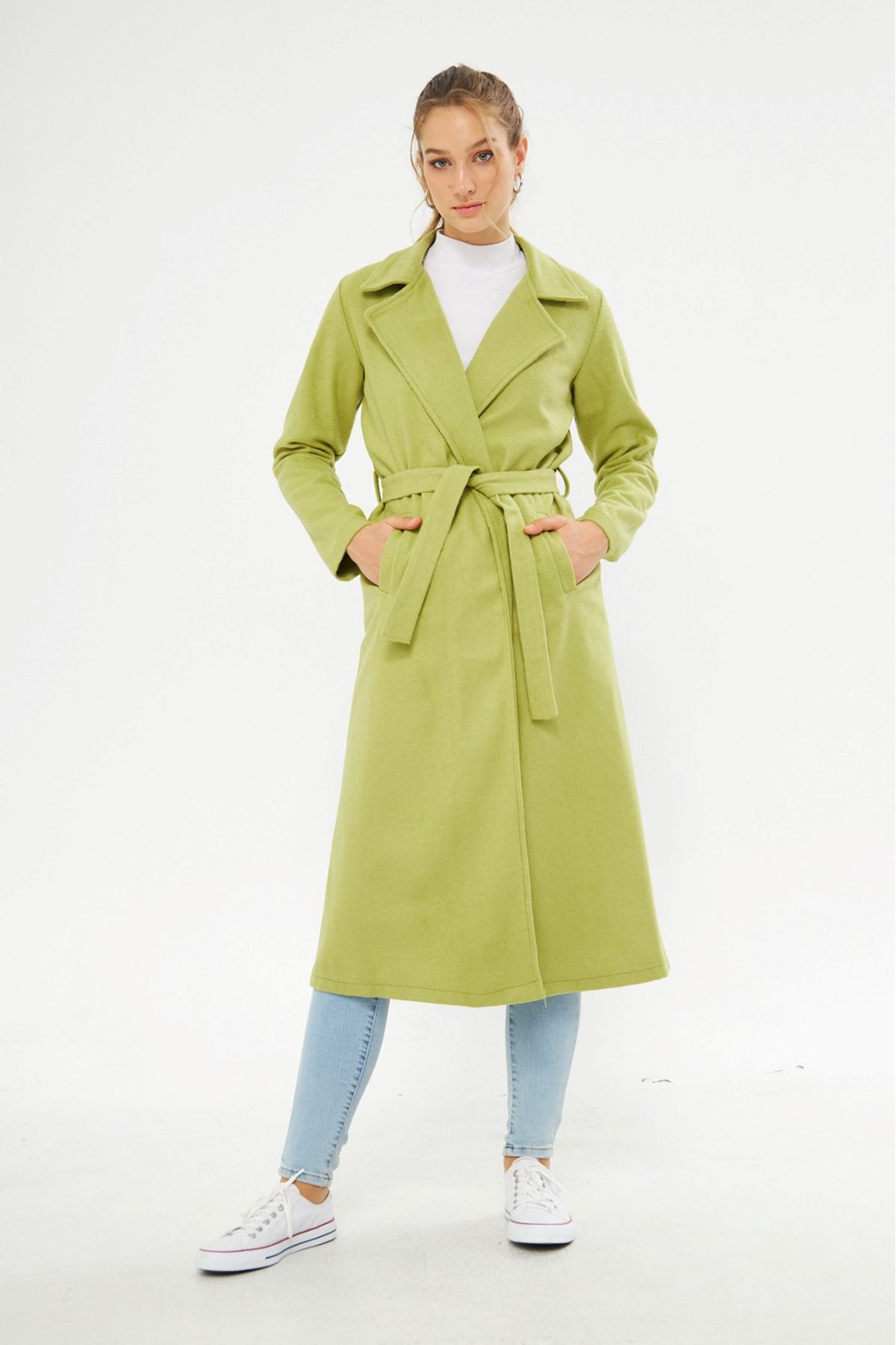 Kadın Astarsız Kuşak Basic Bol A.Yeşil Uzun Kaşe Kaban