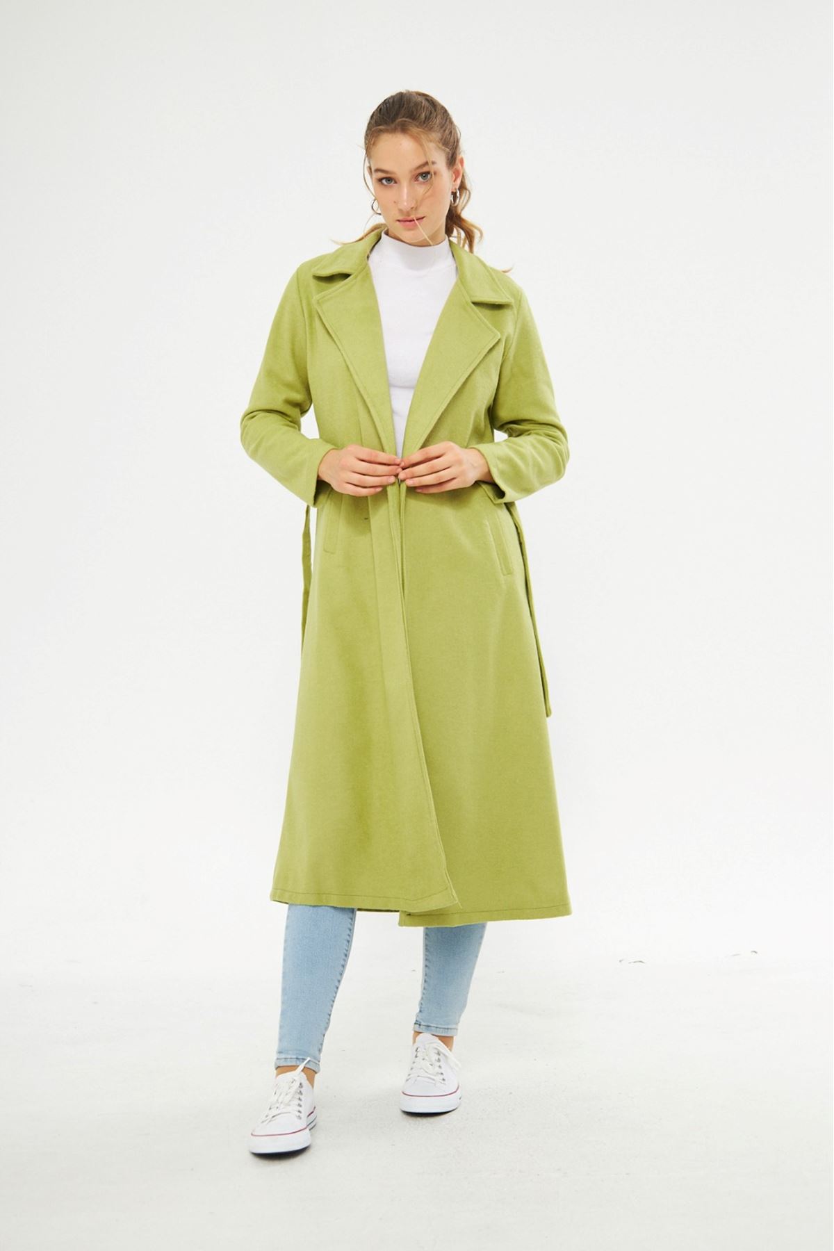 Kadın Astarsız Kuşak Basic Bol A.Yeşil Uzun Kaşe Kaban