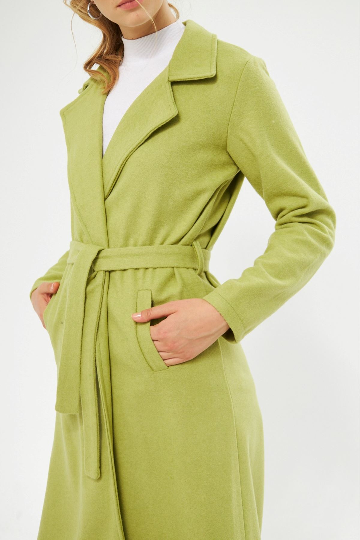 Kadın Astarsız Kuşak Basic Bol A.Yeşil Uzun Kaşe Kaban