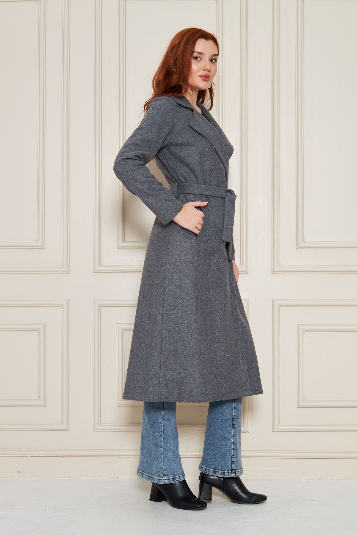 Kadın Kaşe Astarsız Kuşaklı Kaban