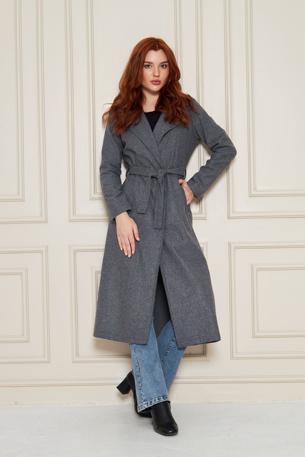 Kadın Kaşe Astarsız Kuşaklı Kaban