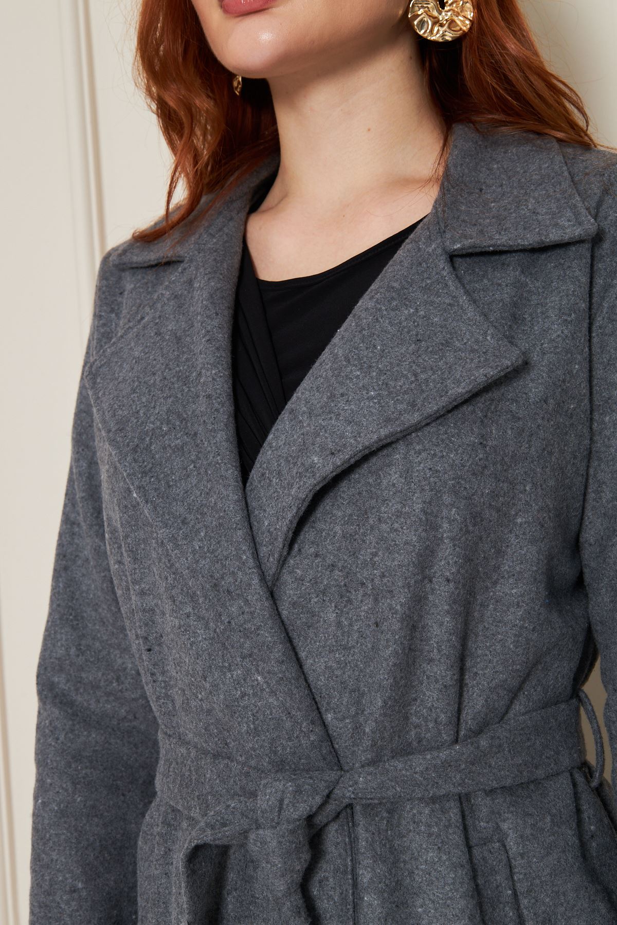 Kadın Kaşe Astarsız Kuşaklı Kaban