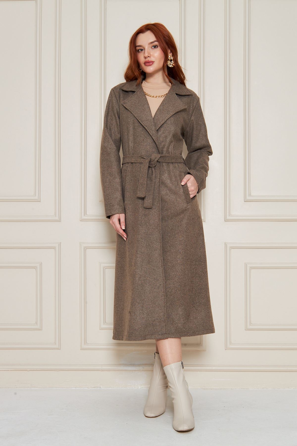 Kadın Kaşe Astarsız Kuşaklı Kaban