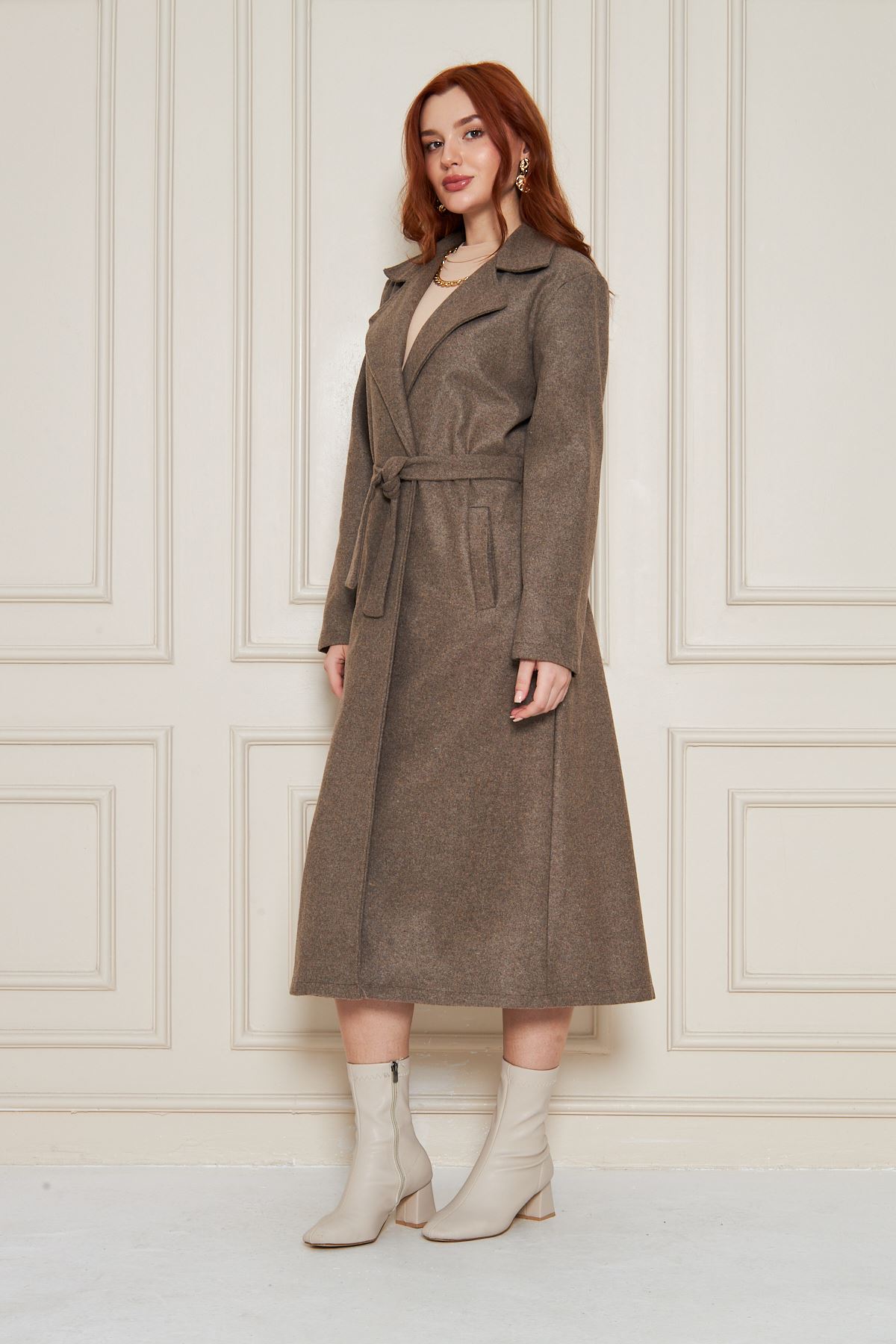 Kadın Kaşe Astarsız Kuşaklı Kaban