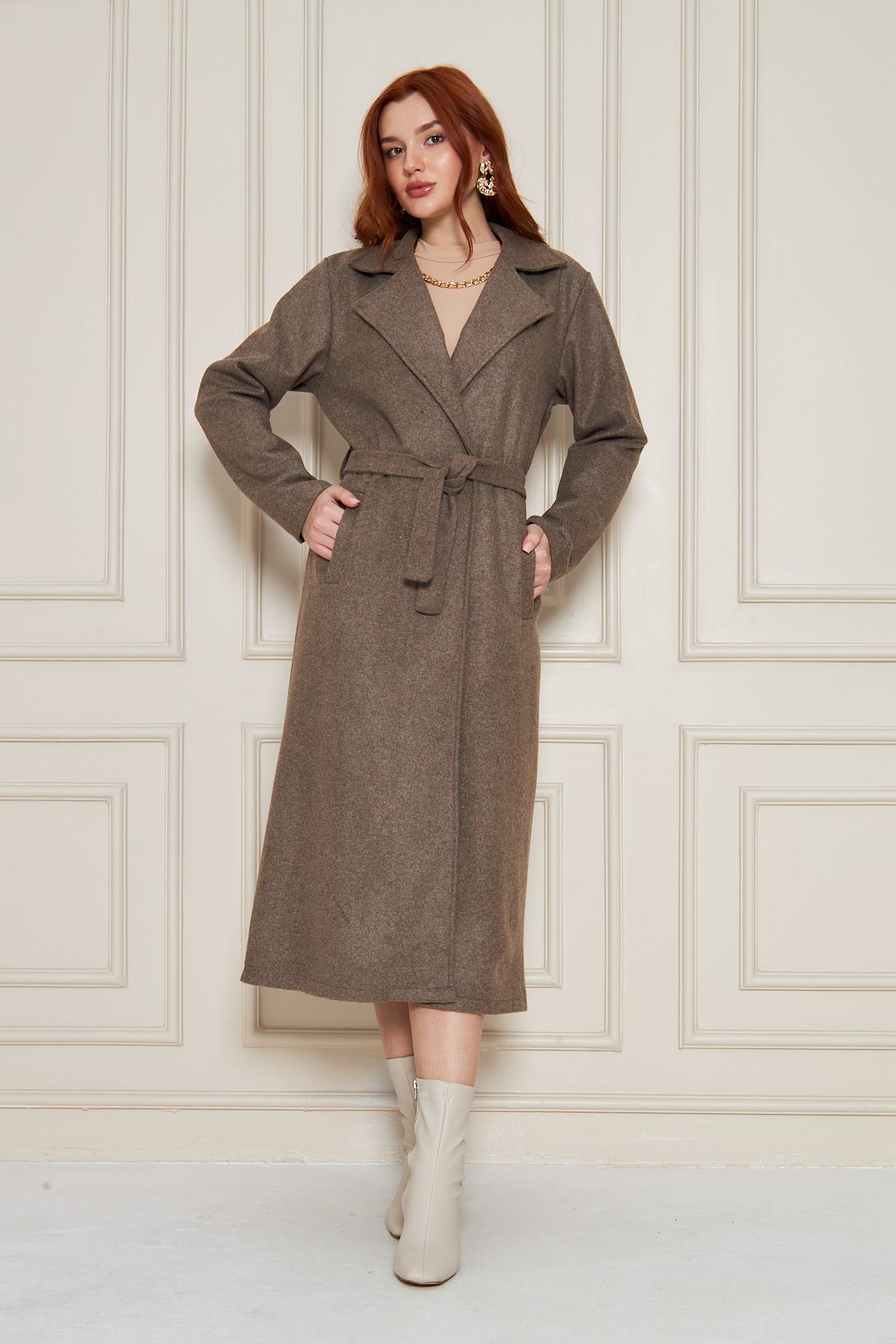 Kadın Kaşe Astarsız Kuşaklı Kaban