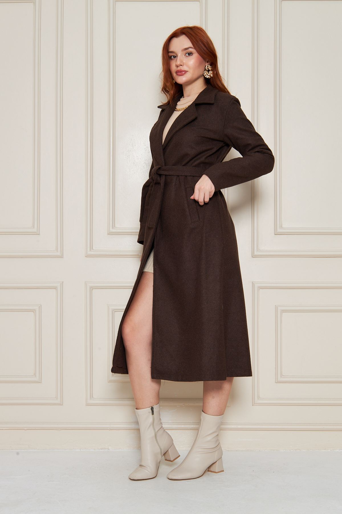 Kadın Kaşe Astarsız Kuşaklı Kaban