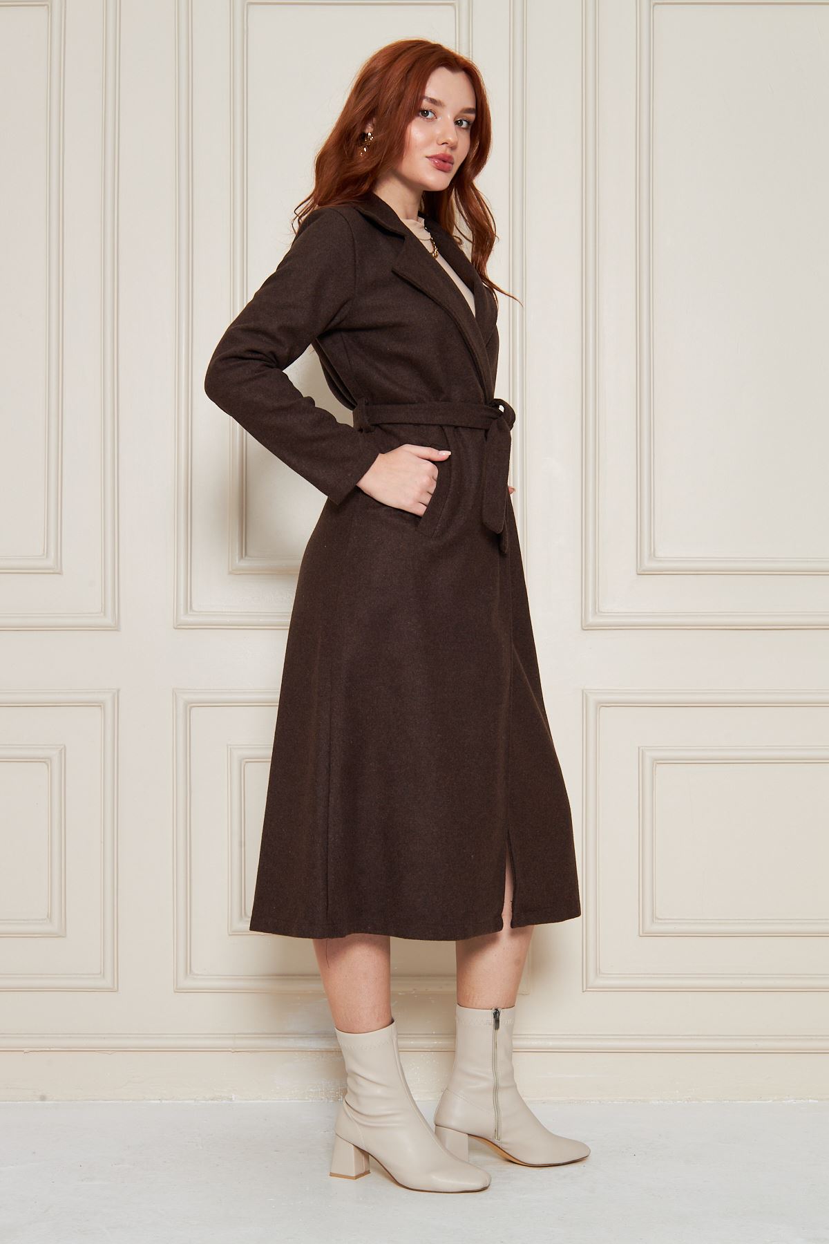 Kadın Kaşe Astarsız Kuşaklı Kaban