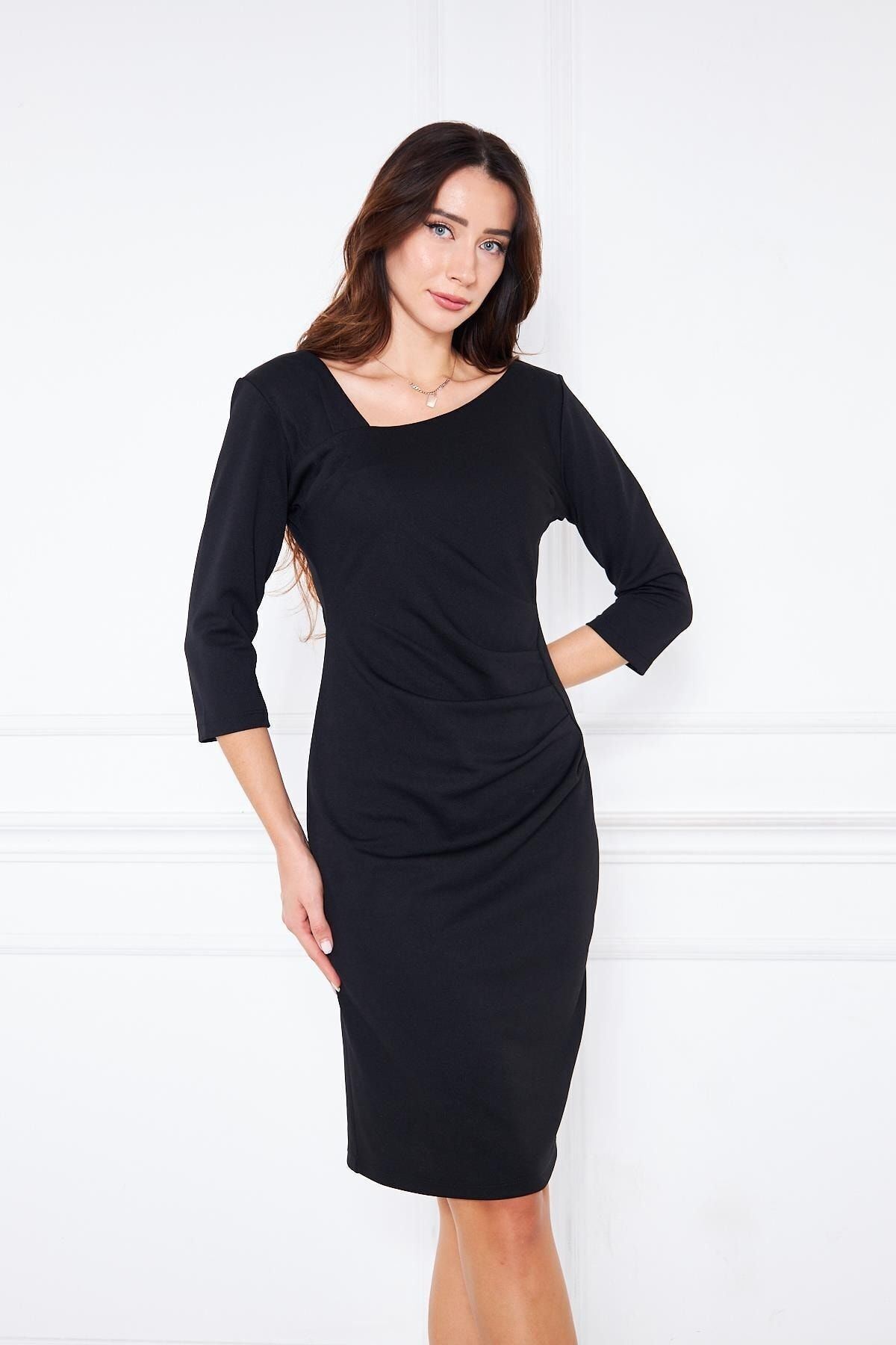 Asimetrik Yaka Belden Pileli Ithal Krep Mini Elbise