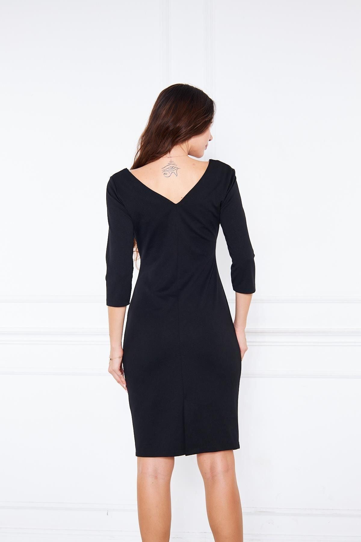 Asimetrik Yaka Belden Pileli Ithal Krep Mini Elbise