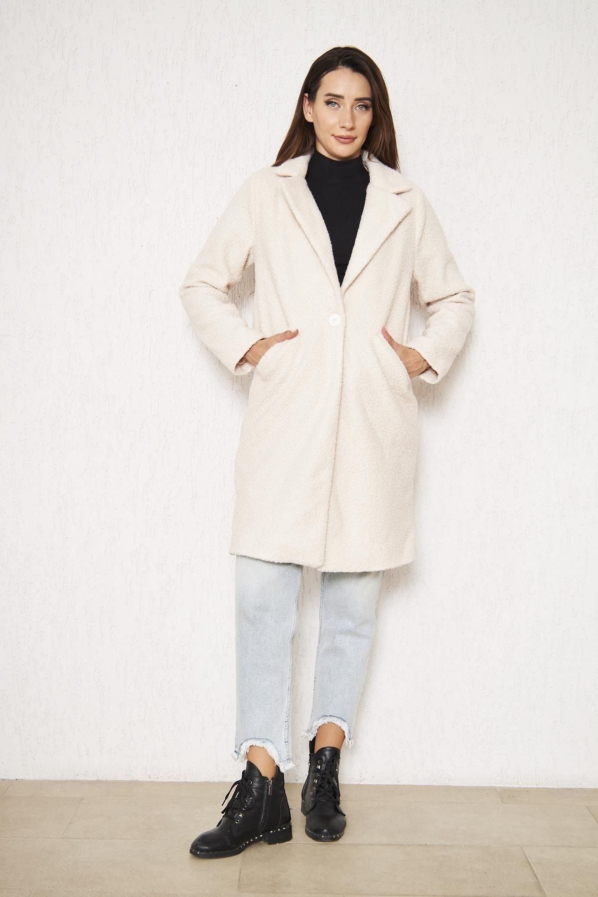 Kadın Yün Karışımlı Buklet Kaban