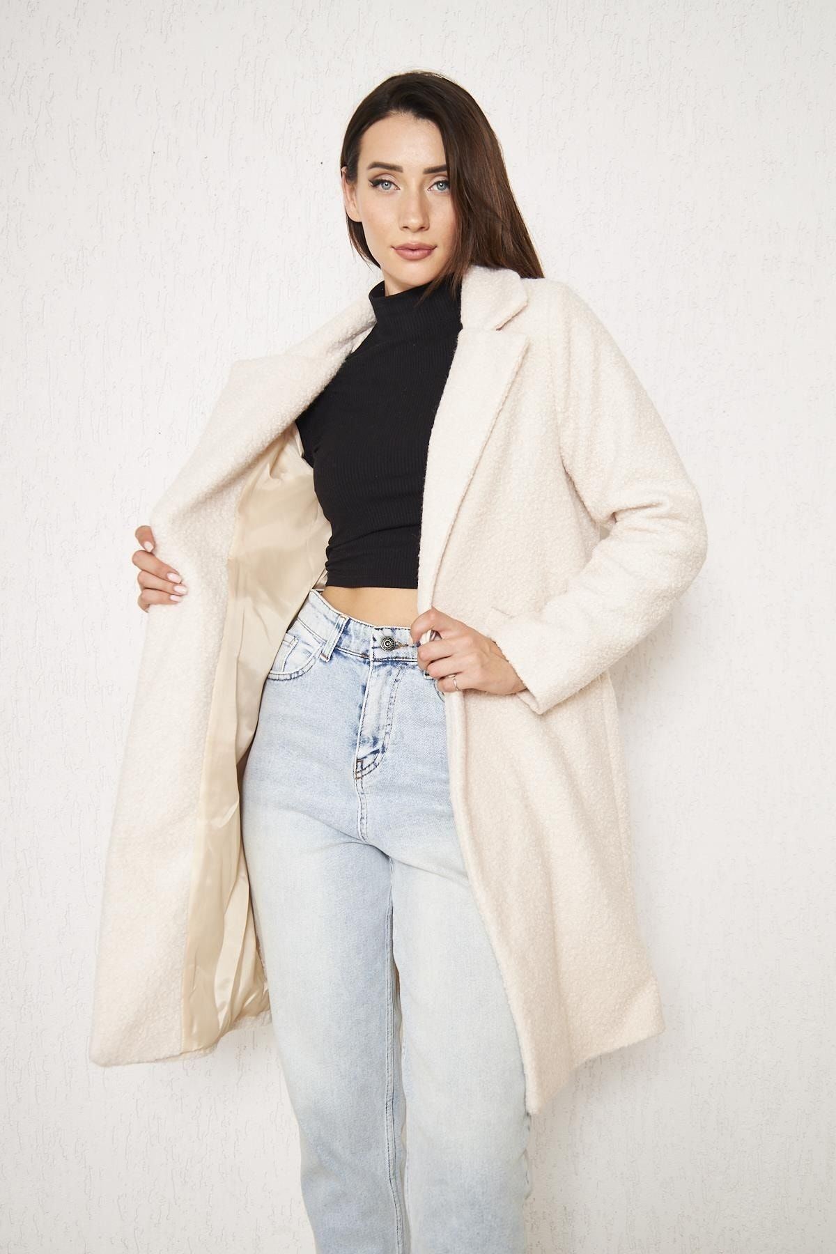 Kadın Yün Karışımlı Buklet Kaban