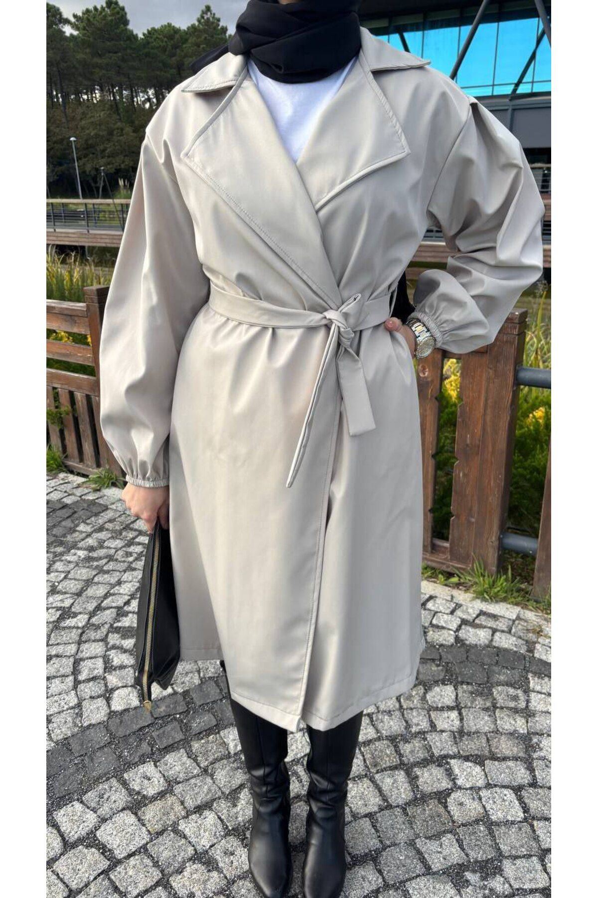 Kadın Belden Bağlamalı Balon Kol Trenç