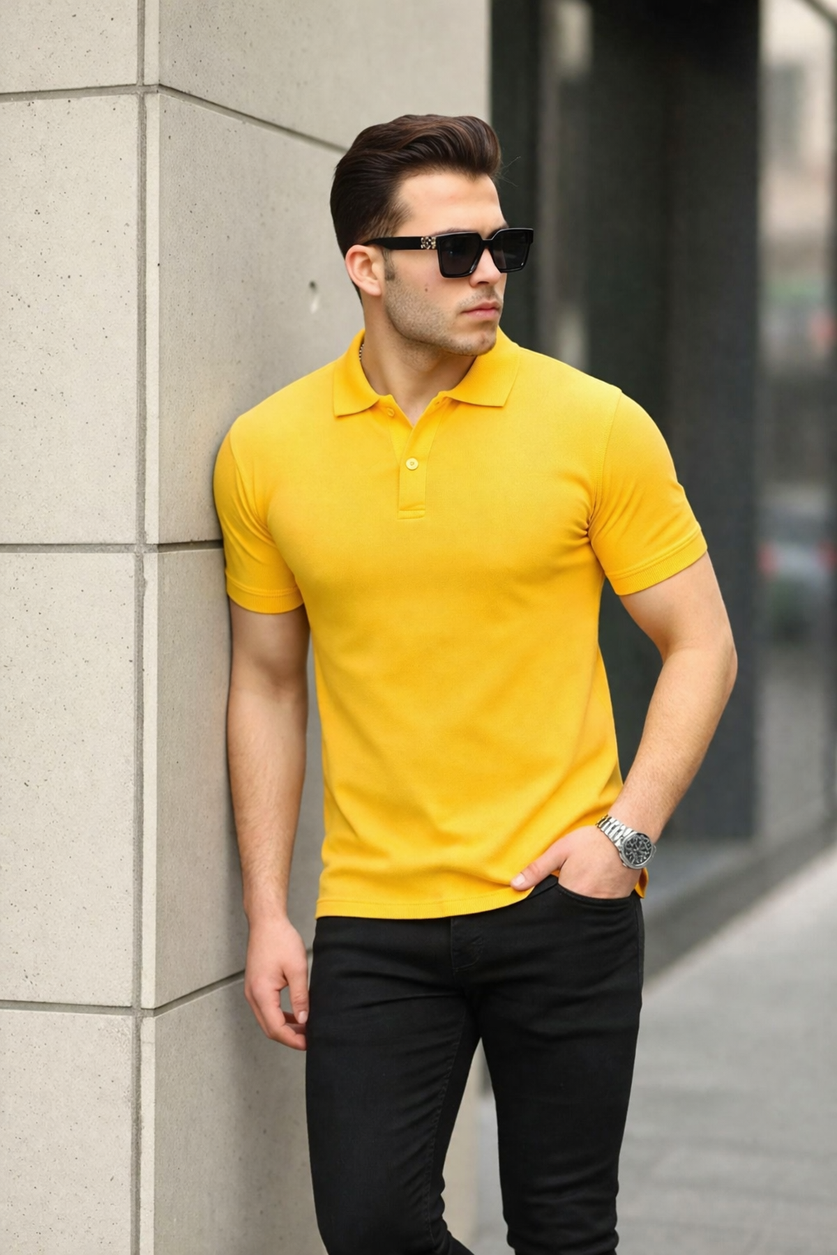Erkek Kıvrılmaz Polo Yaka Cepsiz Slim Fit Dar Kesim Düz T-Shirt