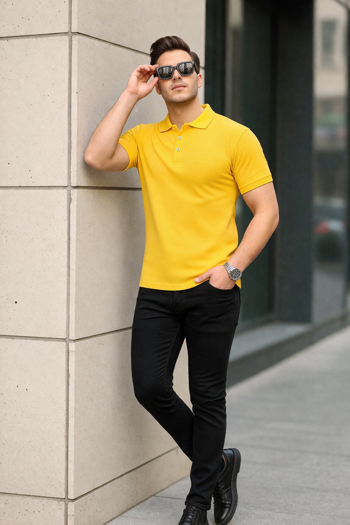Erkek Kıvrılmaz Polo Yaka Cepsiz Slim Fit Dar Kesim Düz T-Shirt