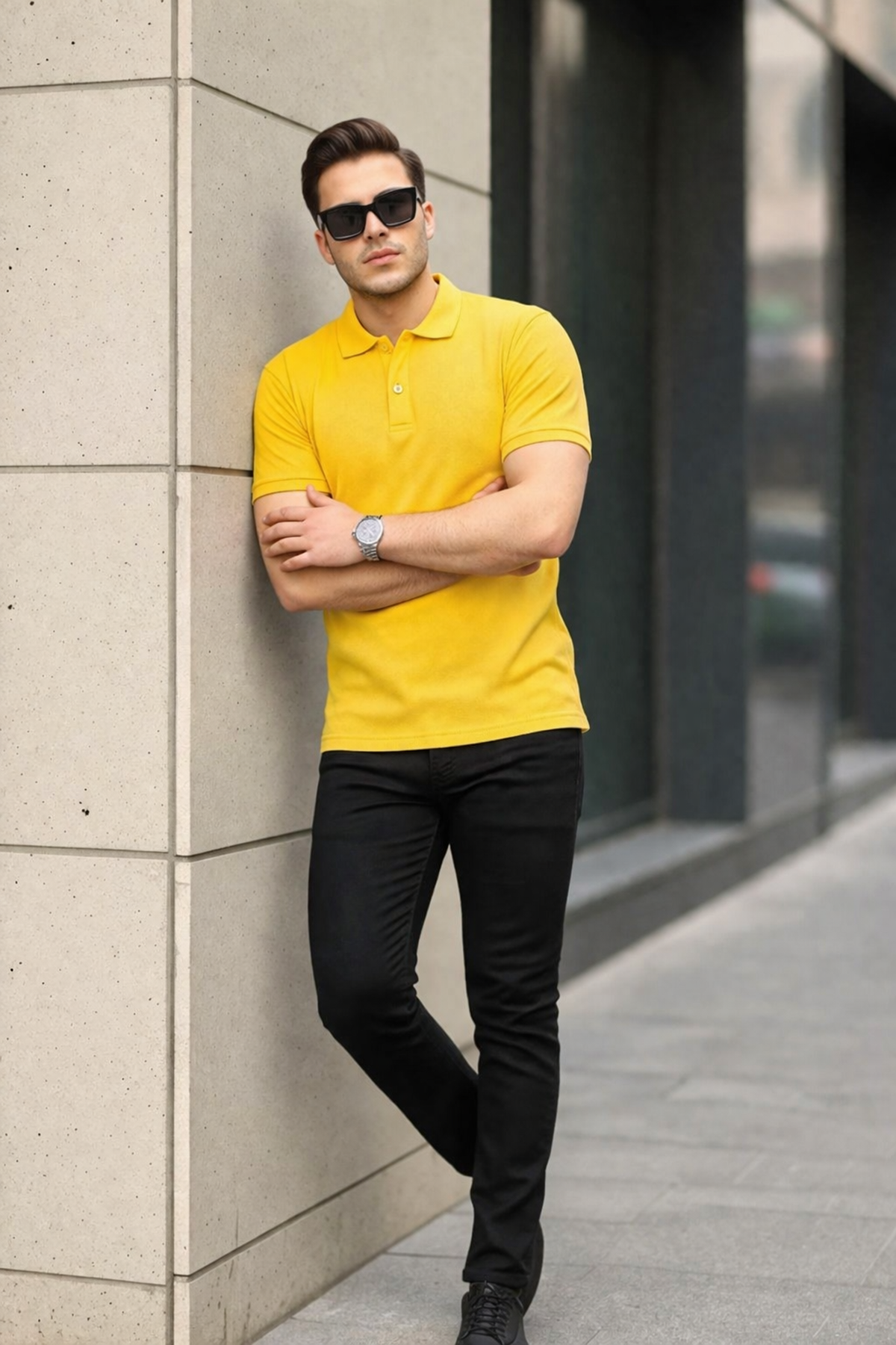 Erkek Kıvrılmaz Polo Yaka Cepsiz Slim Fit Dar Kesim Düz T-Shirt