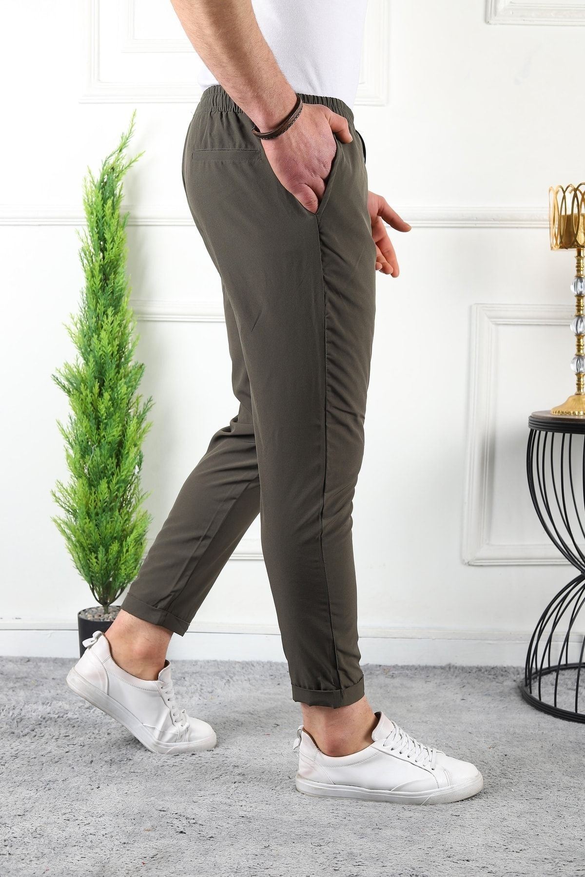 Erkek Beli Lastikli Double Paça Spor Haki Jogger Pantolon