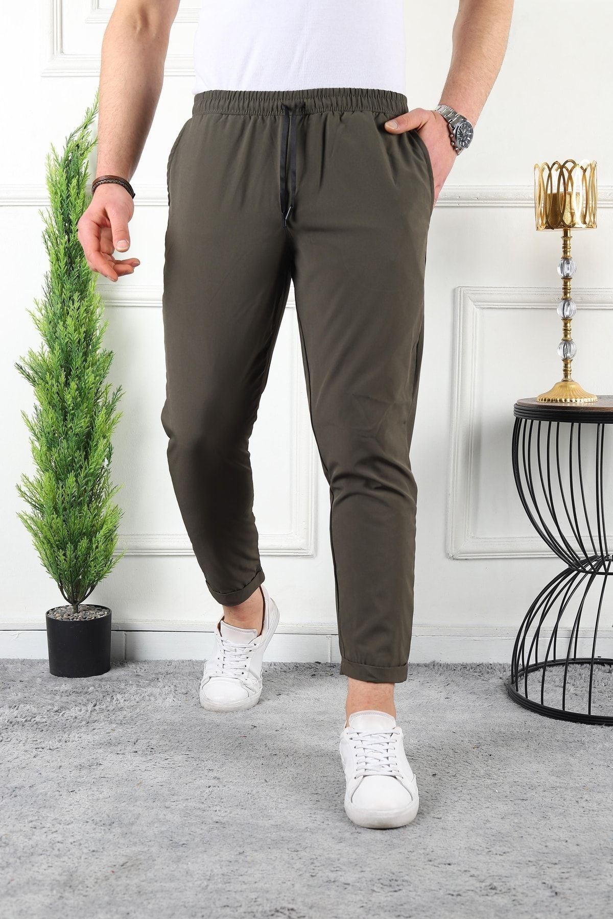Erkek Beli Lastikli Double Paça Spor Haki Jogger Pantolon