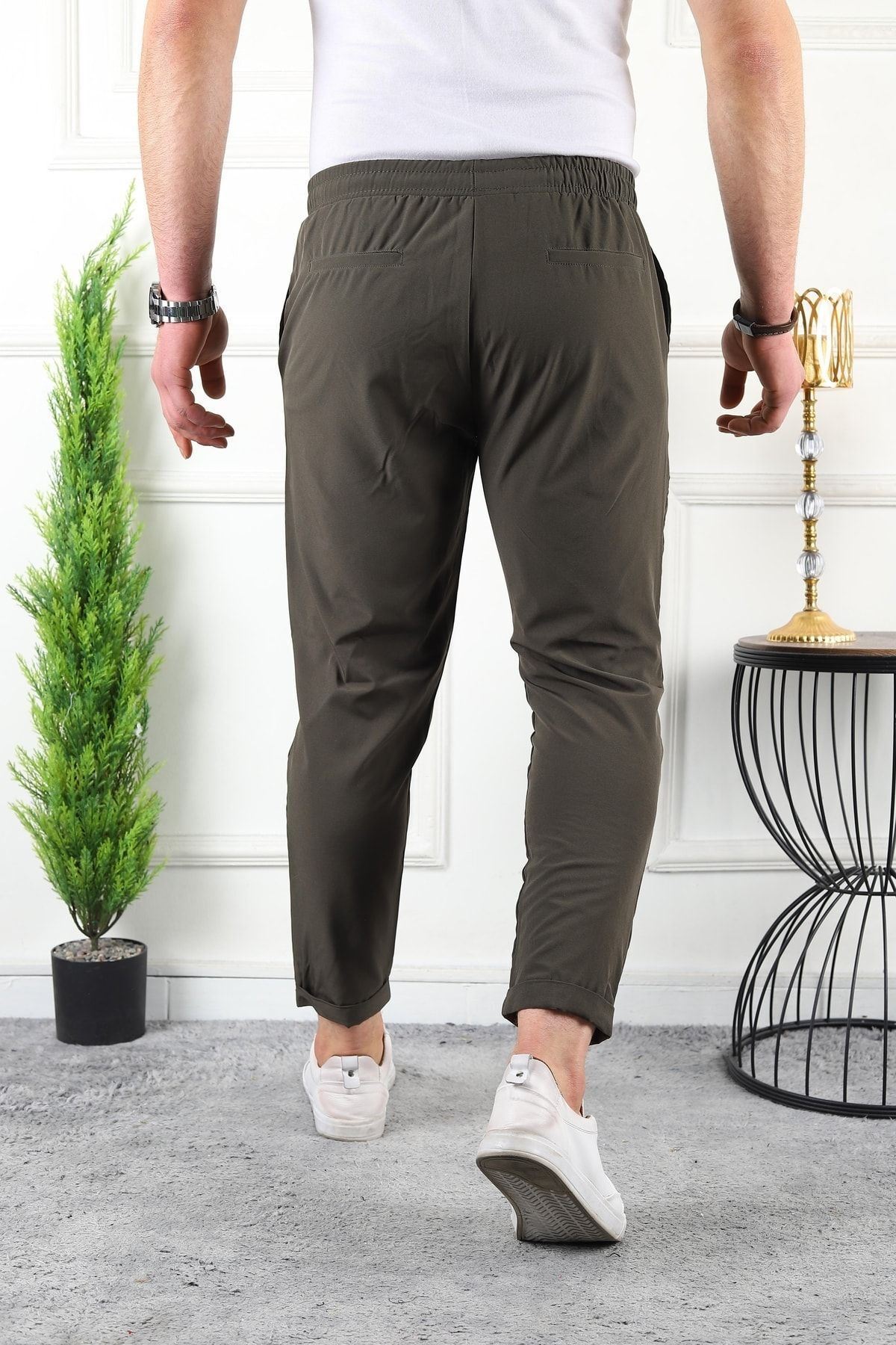 Erkek Beli Lastikli Double Paça Spor Haki Jogger Pantolon