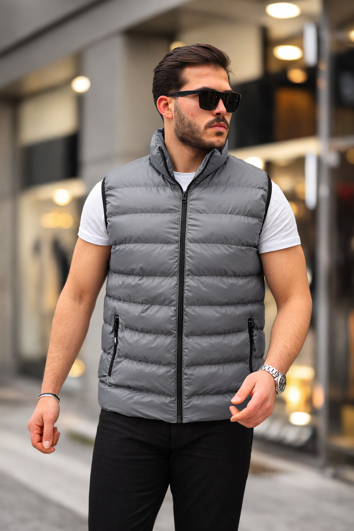 Erkek Kolsuz Fermuarlı Cepli Basic Füme Şişme Yelek