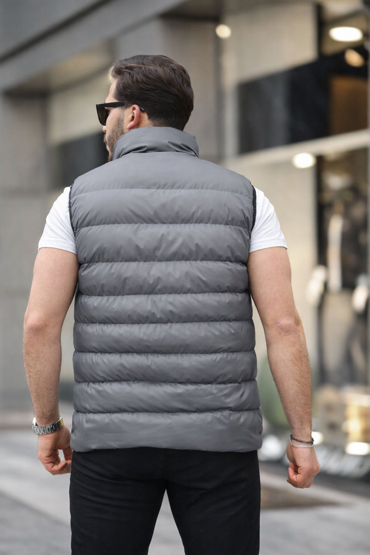 Erkek Kolsuz Fermuarlı Cepli Basic Füme Şişme Yelek