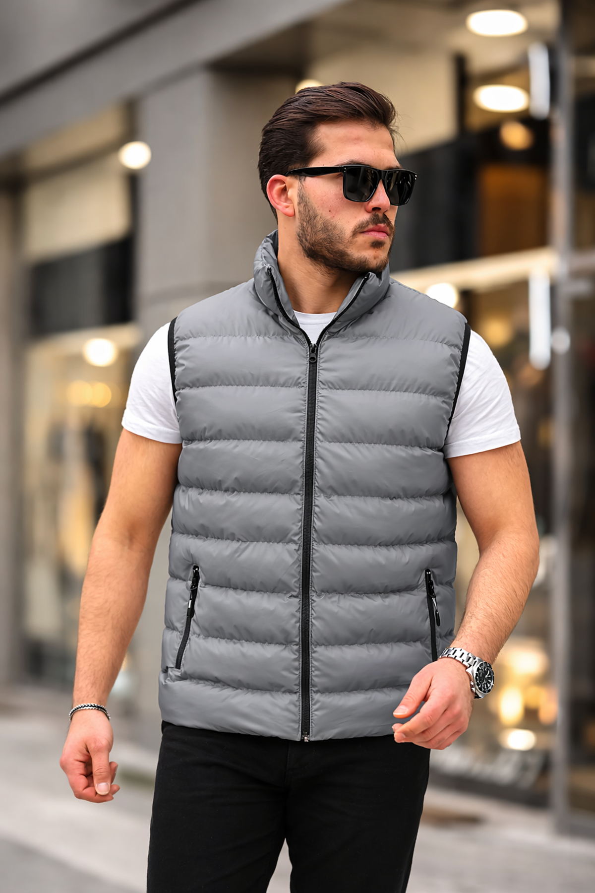 Erkek Kolsuz Fermuarlı Cepli Basic Füme Şişme Yelek