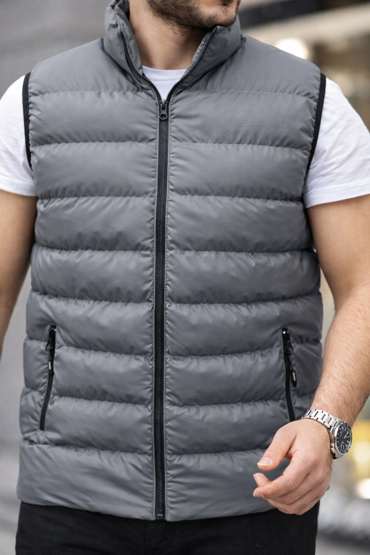 Erkek Kolsuz Fermuarlı Cepli Basic Füme Şişme Yelek