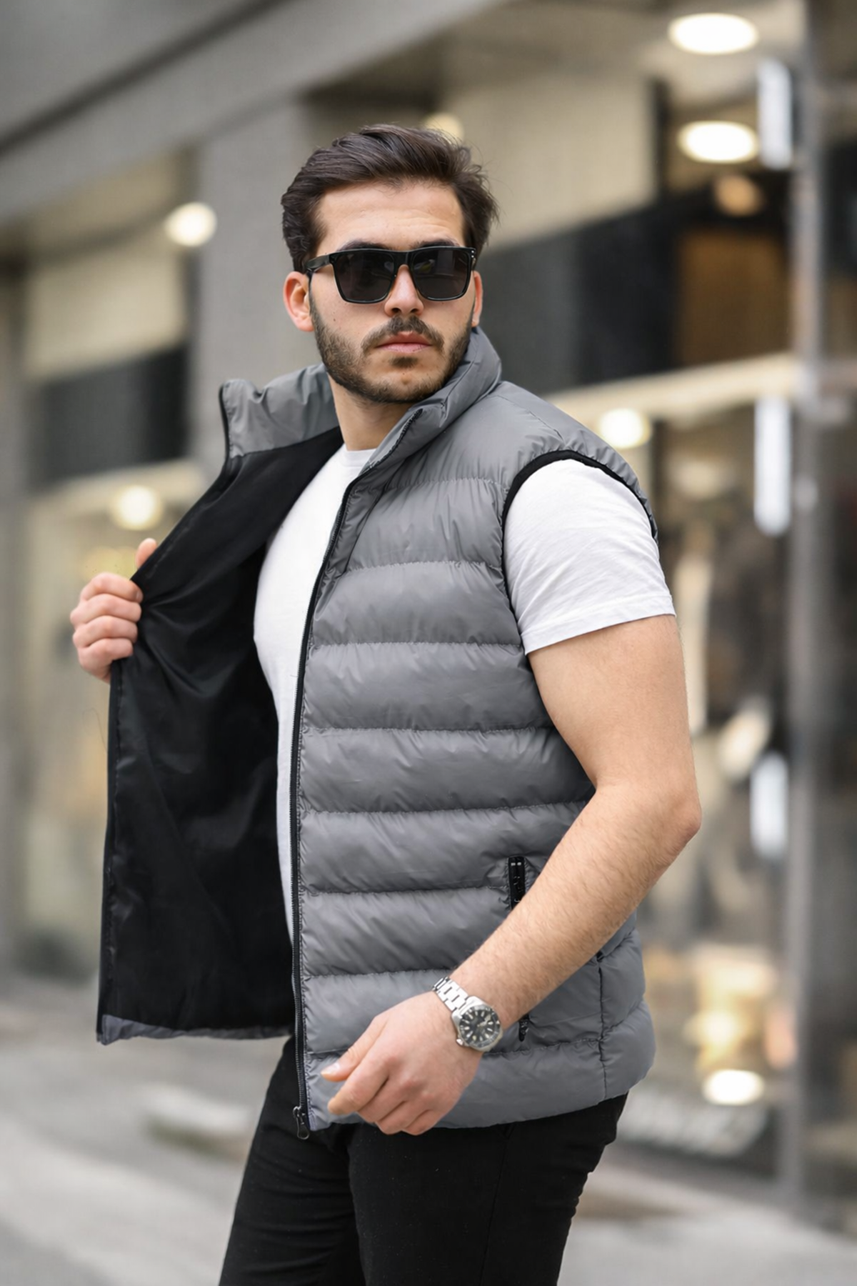 Erkek Kolsuz Fermuarlı Cepli Basic Füme Şişme Yelek