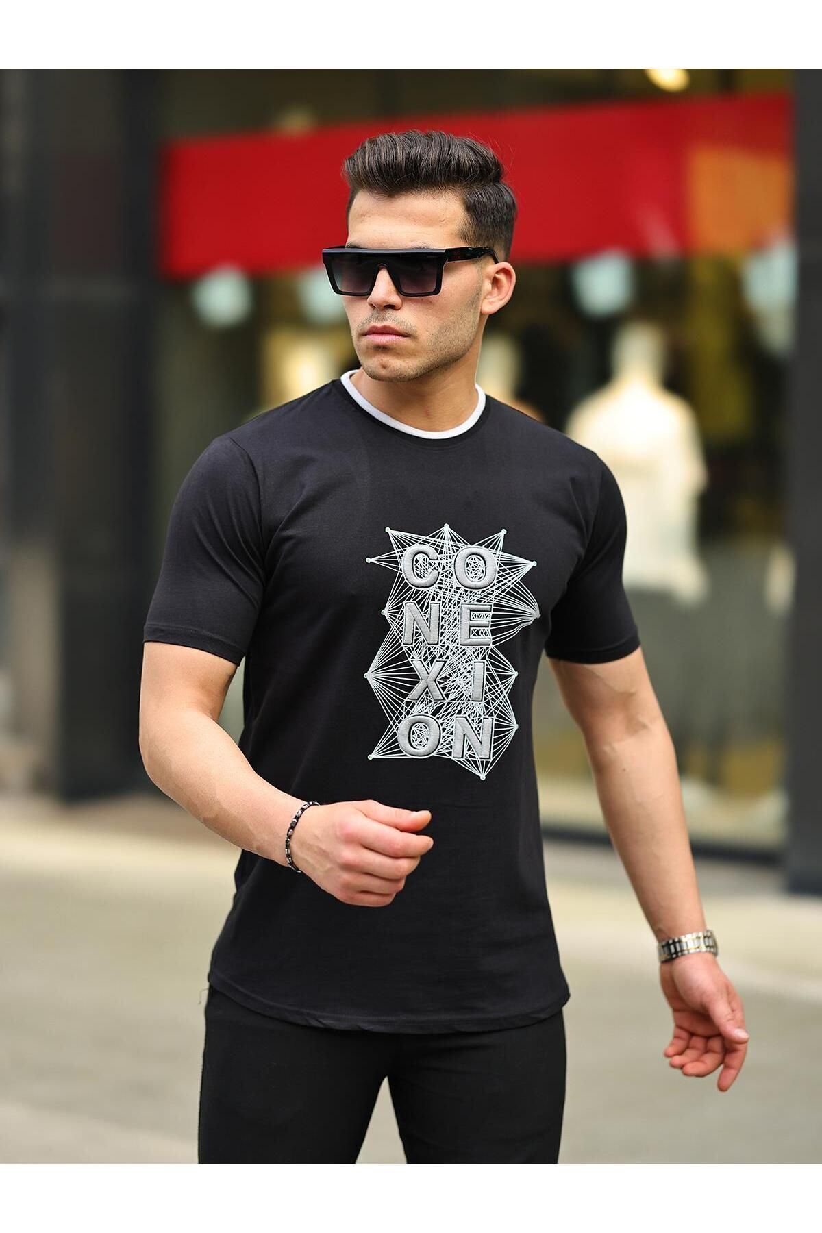 Erkek Slim Fit Nakış Desenli T-Shirt