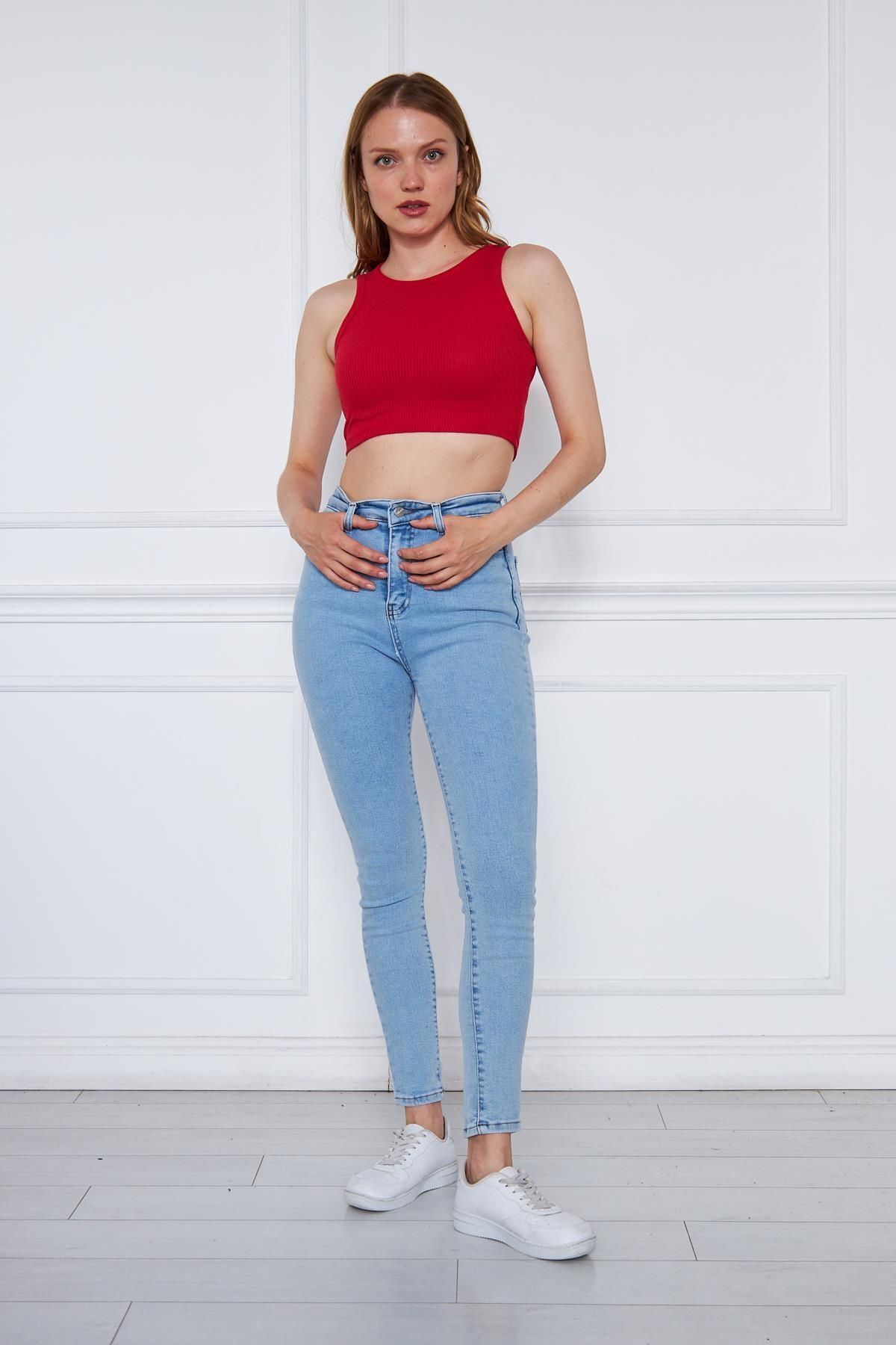 Kadın Crop Top Kırmızı Basic Bluz