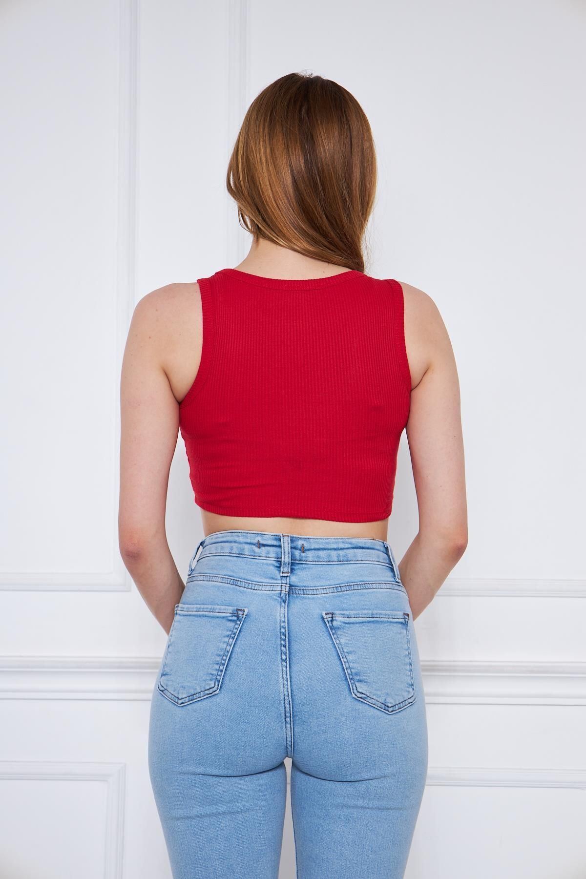Kadın Crop Top Kırmızı Basic Bluz