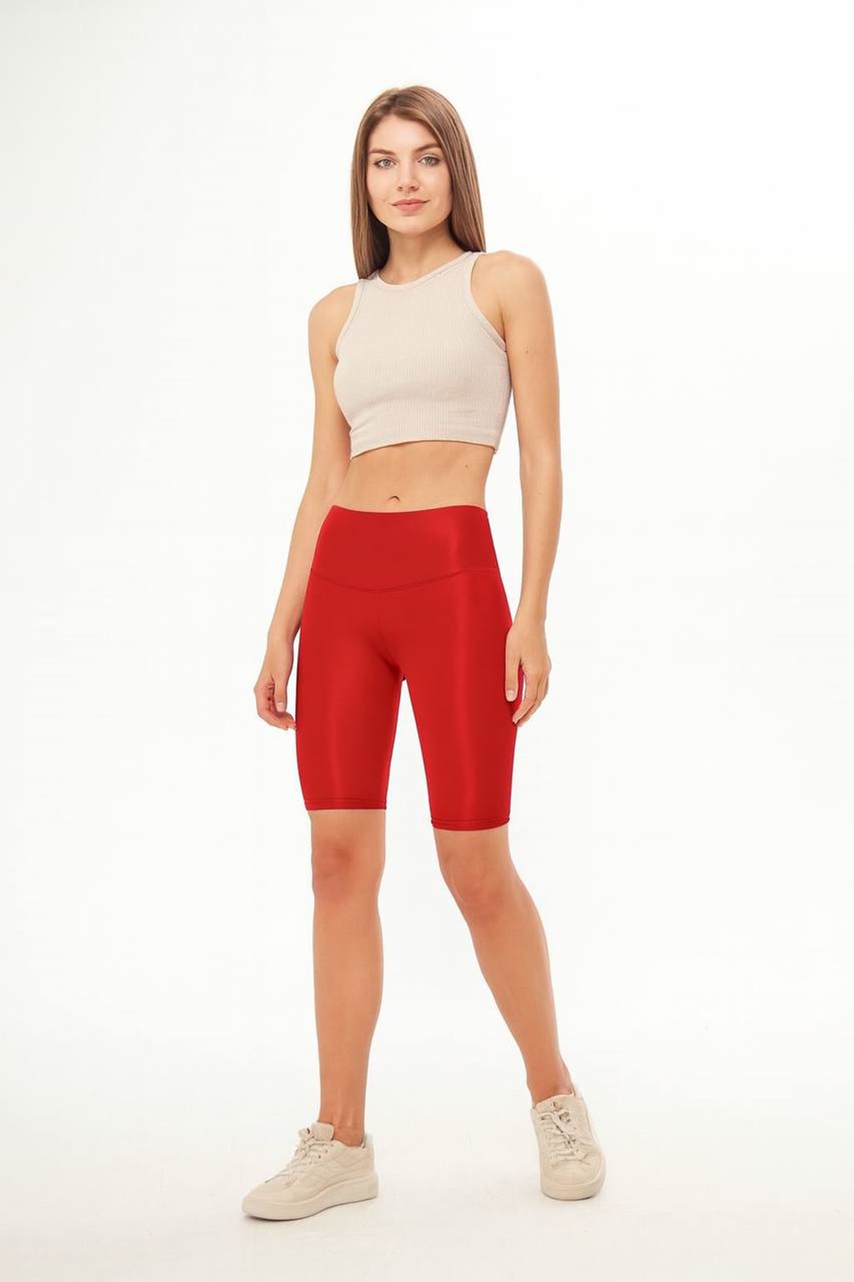 Kadın Yüksek Bel Basic Kırmızı Parlak Biker Mini Tayt